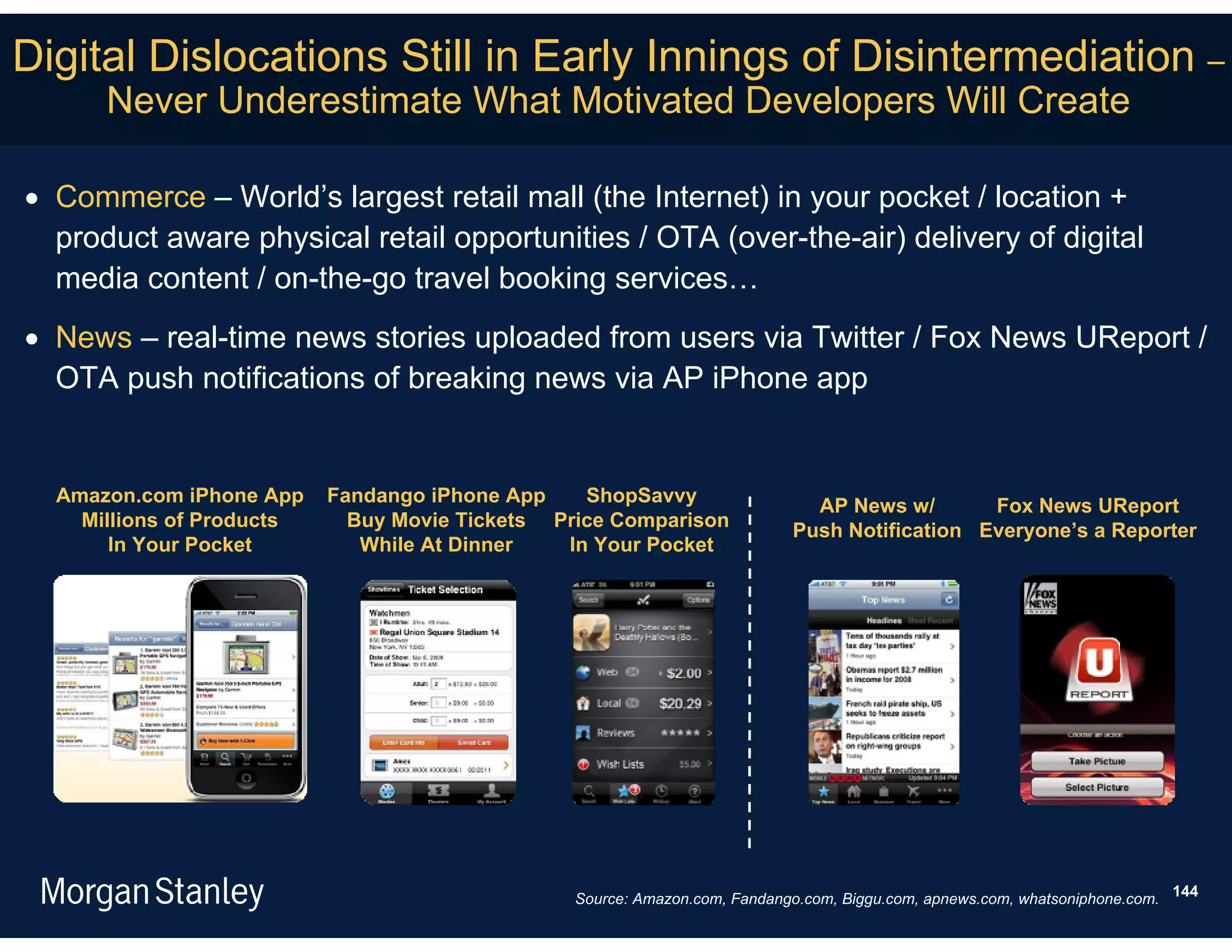 Digital Dislocations Still in Early Innings of Disintermediation –
      Never Underestimate What Motivated Developers Will Create

 Commerce – World’s largest retail mall (the Internet) in your pocket / location +
  product aware physical retail opportunities / OTA (over-the-air) delivery of digital
  media content / on-the-go travel booking services…
 News – real-time news stories uploaded from users via Twitter / Fox News UReport /
  OTA push notifications of breaking news via AP iPhone app


  Amazon.com iPhone App    Fandango iPhone App    ShopSavvy
                                                                              AP News w/       Fox News UReport
    Millions of Products     Buy Movie Tickets Price Comparison
                                                                            Push Notification Everyone’s a Reporter
       In Your Pocket         While At Dinner   In Your Pocket




                                                 Source: Amazon.com, Fandango.com, Biggu.com, apnews.com, whatsoniphone.com. 144
 