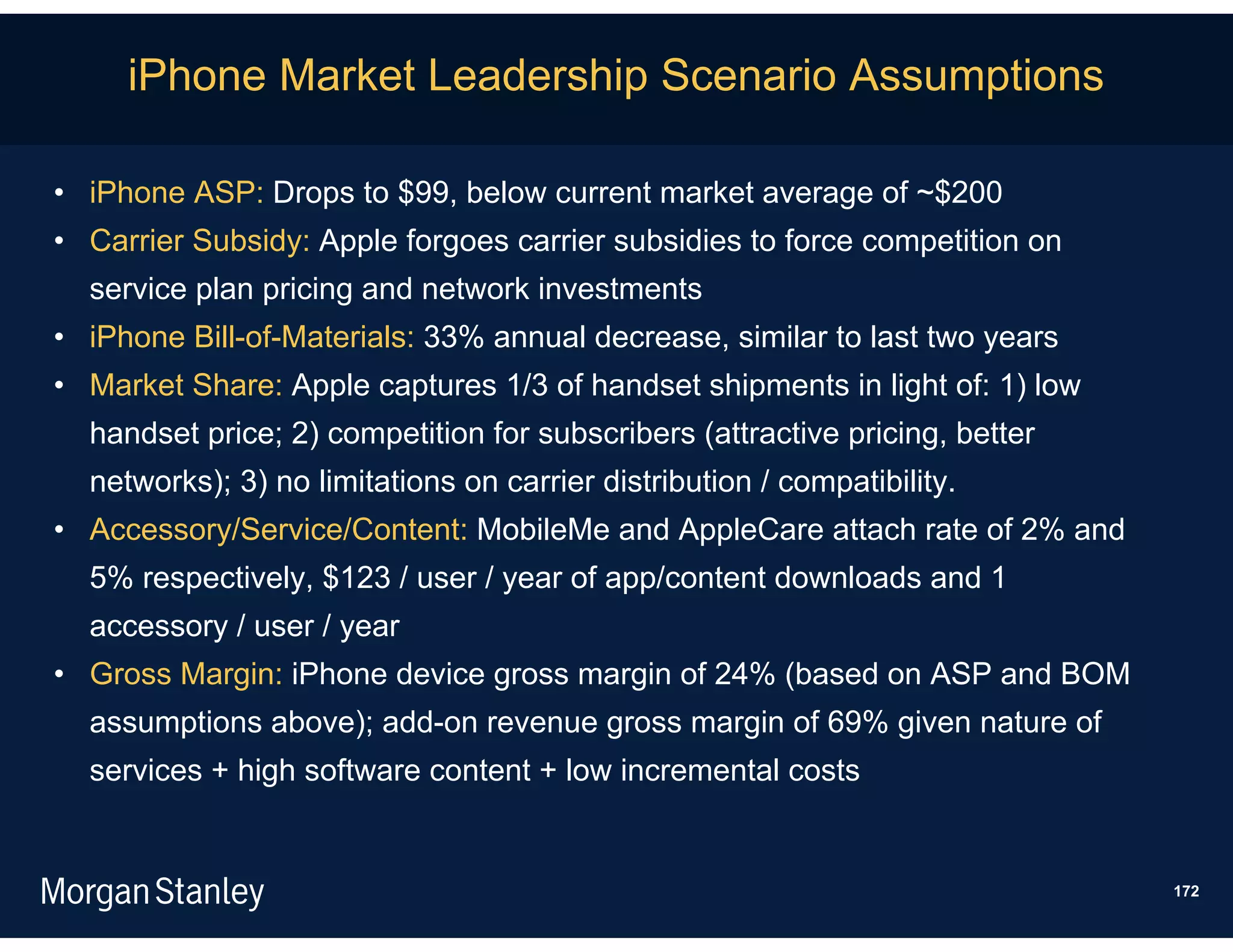 iPhone Market Leadership Scenario Assumptions

• iPhone ASP: Drops to $99, below current market average of ~$200
• Carrier Subsidy: Apple forgoes carrier subsidies to force competition on
  service plan pricing and network investments
• iPhone Bill-of-Materials: 33% annual decrease, similar to last two years
• Market Share: Apple captures 1/3 of handset shipments in light of: 1) low
  handset price; 2) competition for subscribers (attractive pricing, better
  networks); 3) no limitations on carrier distribution / compatibility.
• Accessory/Service/Content: MobileMe and AppleCare attach rate of 2% and
  5% respectively, $123 / user / year of app/content downloads and 1
  accessory / user / year
• Gross Margin: iPhone device gross margin of 24% (based on ASP and BOM
  assumptions above); add-on revenue gross margin of 69% given nature of
  services + high software content + low incremental costs


                                                                              172
 
