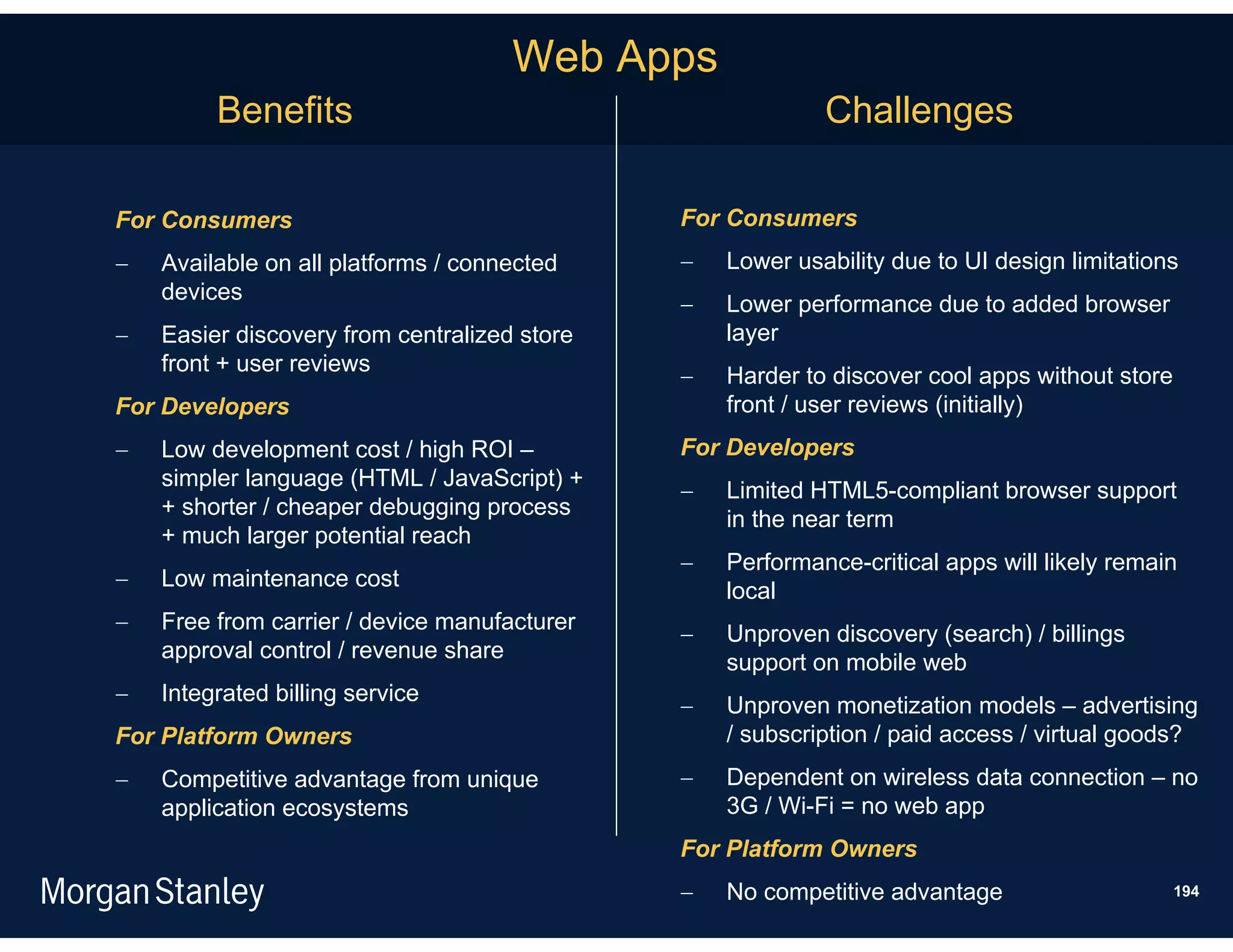 Web Apps
         Benefits                                          Challenges

For Consumers                                 For Consumers
   Available on all platforms / connected       Lower usability due to UI design limitations
    devices
                                                 Lower performance due to added browser
   Easier discovery from centralized store       layer
    front + user reviews
                                                 Harder to discover cool apps without store
For Developers                                    front / user reviews (initially)
   Low development cost / high ROI –         For Developers
    simpler language (HTML / JavaScript) +
                                                 Limited HTML5-compliant browser support
    + shorter / cheaper debugging process
                                                  in the near term
    + much larger potential reach
                                                 Performance-critical apps will likely remain
   Low maintenance cost
                                                  local
   Free from carrier / device manufacturer
                                                 Unproven discovery (search) / billings
    approval control / revenue share
                                                  support on mobile web
   Integrated billing service
                                                 Unproven monetization models – advertising
For Platform Owners                               / subscription / paid access / virtual goods?
   Competitive advantage from unique            Dependent on wireless data connection – no
    application ecosystems                        3G / Wi-Fi = no web app
                                              For Platform Owners
                                                 No competitive advantage                     194
 