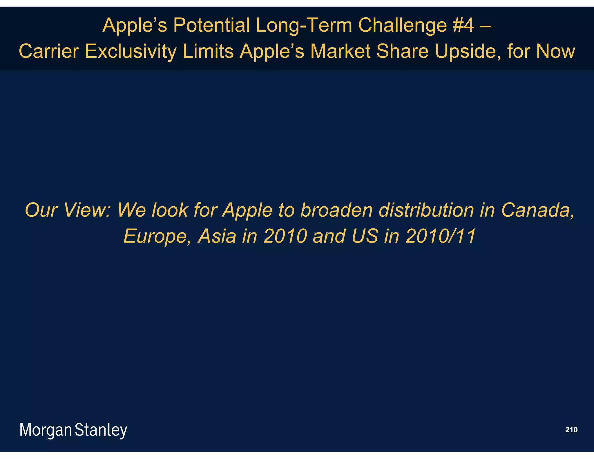 Apple’s Potential Long-Term Challenge #4 –
Carrier Exclusivity Limits Apple’s Market Share Upside, for Now




Our View: We look for Apple to broaden distribution in Canada,
          Europe, Asia in 2010 and US in 2010/11




                                                             210
 