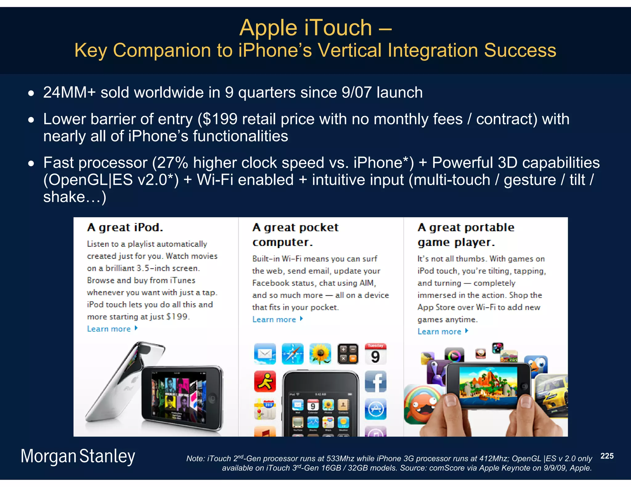 Apple iTouch –
      Key Companion to iPhone’s Vertical Integration Success

 24MM+ sold worldwide in 9 quarters since 9/07 launch
 Lower barrier of entry ($199 retail price with no monthly fees / contract) with
  nearly all of iPhone’s functionalities
 Fast processor (27% higher clock speed vs. iPhone*) + Powerful 3D capabilities
  (OpenGL|ES v2.0*) + Wi-Fi enabled + intuitive input (multi-touch / gesture / tilt /
  shake…)




                       Note: iTouch 2nd-Gen processor runs at 533Mhz while iPhone 3G processor runs at 412Mhz; OpenGL |ES v 2.0 only    225
                                 available on iTouch 3rd-Gen 16GB / 32GB models. Source: comScore via Apple Keynote on 9/9/09, Apple.
 