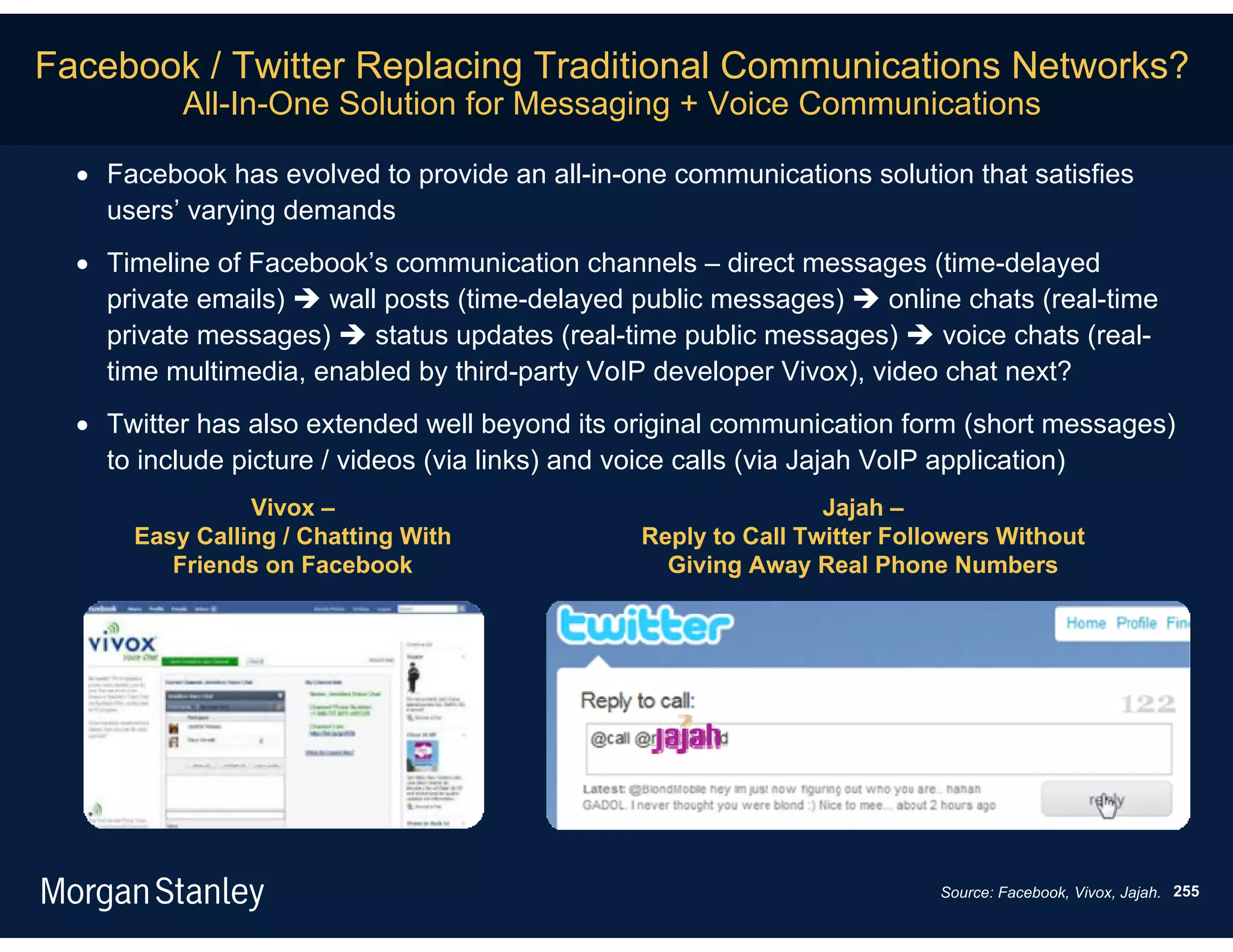 Facebook / Twitter Replacing Traditional Communications Networks?
          All-In-One Solution for Messaging + Voice Communications

   Facebook has evolved to provide an all-in-one communications solution that satisfies
    users’ varying demands
   Timeline of Facebook’s communication channels – direct messages (time-delayed
    private emails)  wall posts (time-delayed public messages)  online chats (real-time
    private messages)  status updates (real-time public messages)  voice chats (real-
    time multimedia, enabled by third-party VoIP developer Vivox), video chat next?
   Twitter has also extended well beyond its original communication form (short messages)
    to include picture / videos (via links) and voice calls (via Jajah VoIP application)
                Vivox –                                        Jajah –
      Easy Calling / Chatting With             Reply to Call Twitter Followers Without
         Friends on Facebook                     Giving Away Real Phone Numbers




                                                                         Source: Facebook, Vivox, Jajah. 255
 
