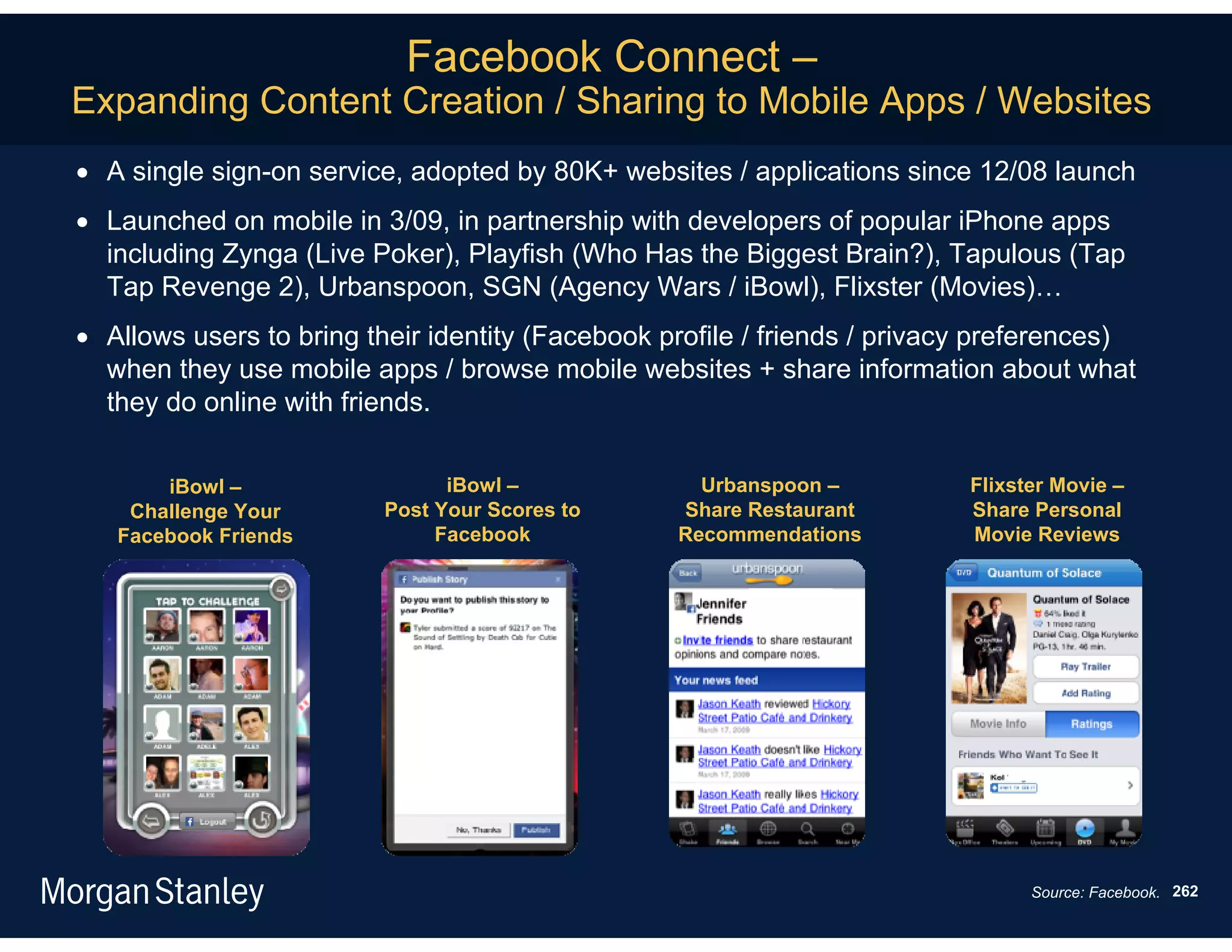 Facebook Connect –
Expanding Content Creation / Sharing to Mobile Apps / Websites
 A single sign-on service, adopted by 80K+ websites / applications since 12/08 launch
 Launched on mobile in 3/09, in partnership with developers of popular iPhone apps
  including Zynga (Live Poker), Playfish (Who Has the Biggest Brain?), Tapulous (Tap
  Tap Revenge 2), Urbanspoon, SGN (Agency Wars / iBowl), Flixster (Movies)…
 Allows users to bring their identity (Facebook profile / friends / privacy preferences)
  when they use mobile apps / browse mobile websites + share information about what
  they do online with friends.


       iBowl –                 iBowl –              Urbanspoon –           Flixster Movie –
    Challenge Your       Post Your Scores to      Share Restaurant         Share Personal
   Facebook Friends           Facebook            Recommendations          Movie Reviews




                                                                                 Source: Facebook. 262
 