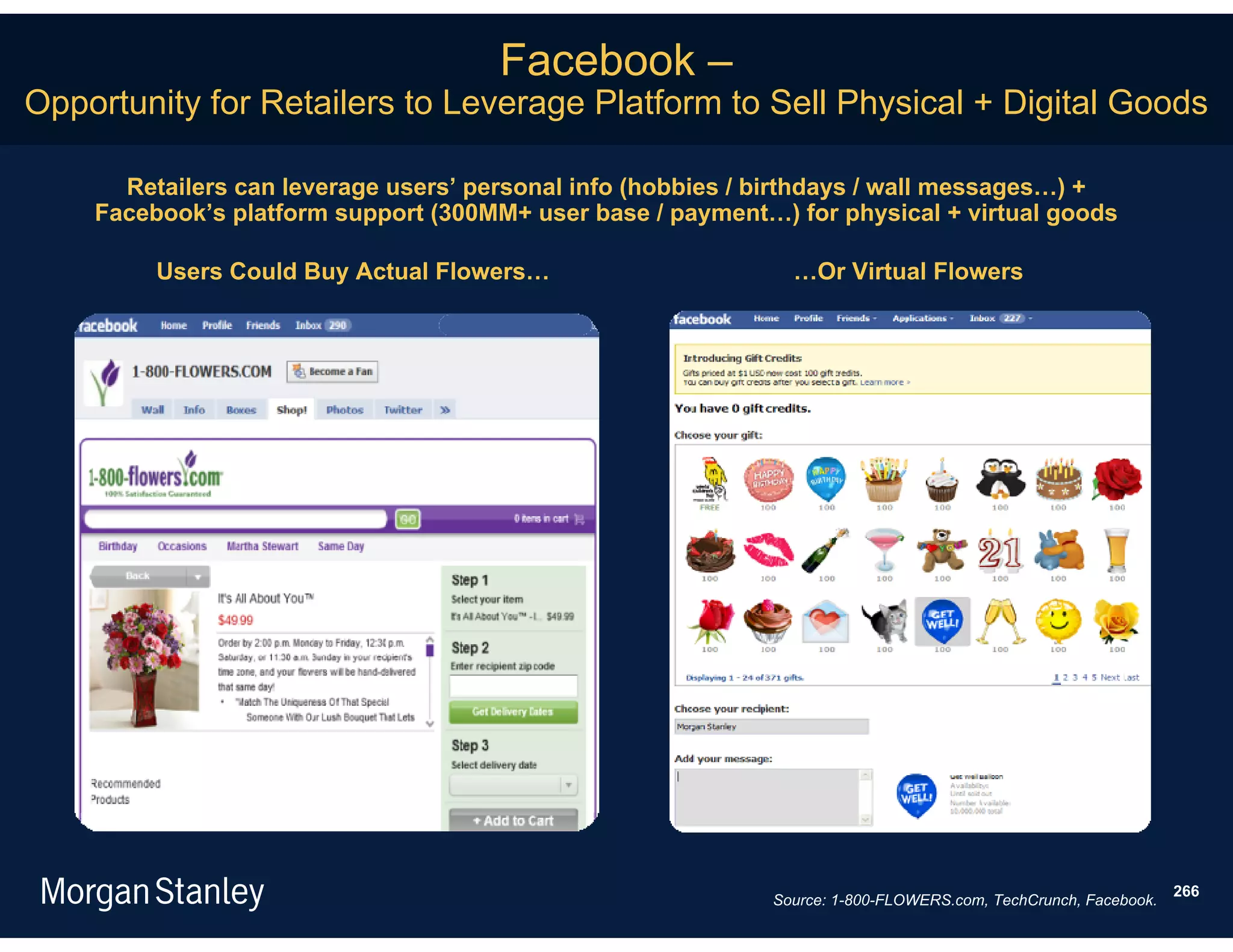 Facebook –
Opportunity for Retailers to Leverage Platform to Sell Physical + Digital Goods

      Retailers can leverage users’ personal info (hobbies / birthdays / wall messages…) +
    Facebook’s platform support (300MM+ user base / payment…) for physical + virtual goods

         Users Could Buy Actual Flowers…                      …Or Virtual Flowers




                                                                                                               266
                                                            Source: 1-800-FLOWERS.com, TechCrunch, Facebook.
 