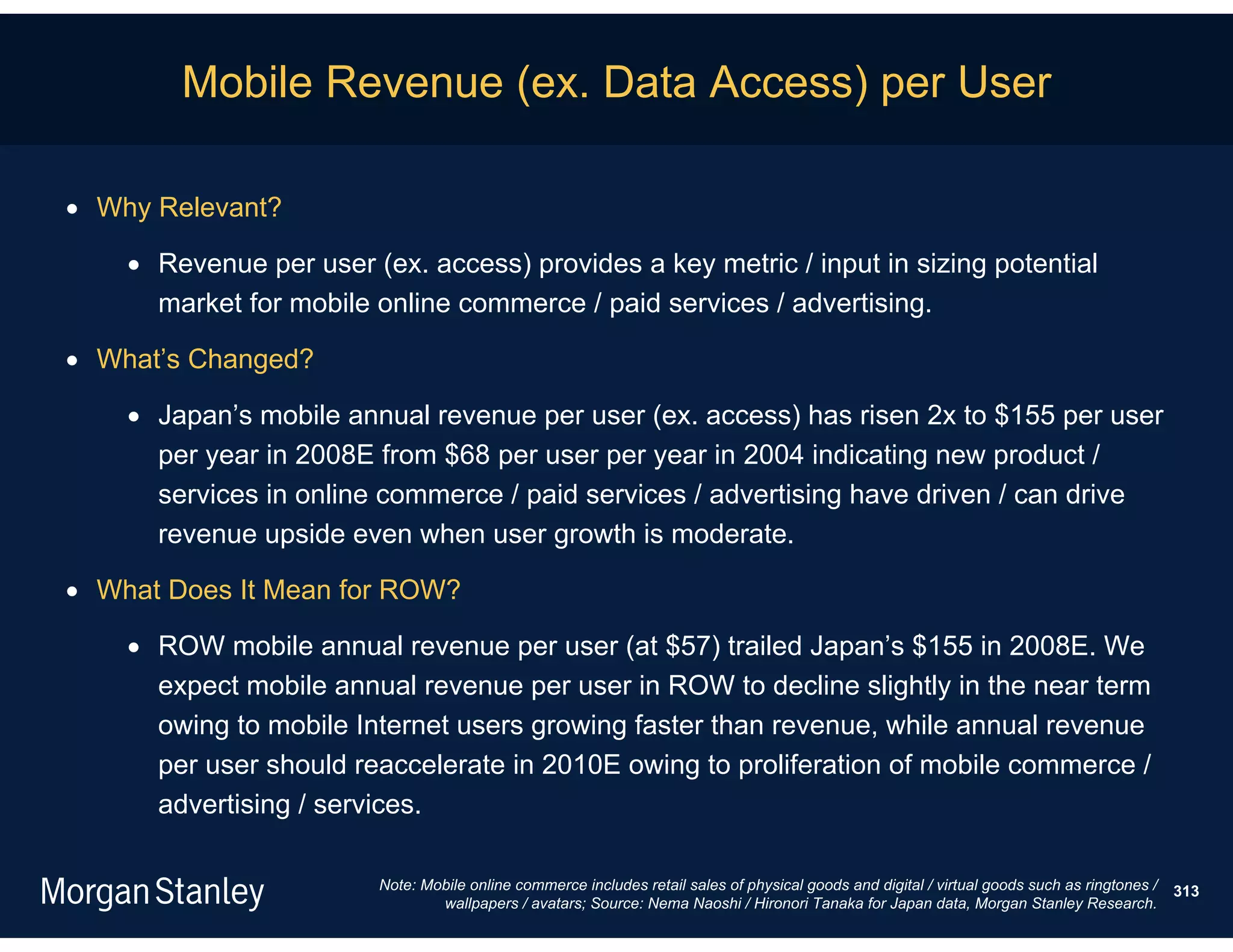 Mobile Revenue (ex. Data Access) per User

 Why Relevant?

     Revenue per user (ex. access) provides a key metric / input in sizing potential
      market for mobile online commerce / paid services / advertising.

 What’s Changed?

     Japan’s mobile annual revenue per user (ex. access) has risen 2x to $155 per user
      per year in 2008E from $68 per user per year in 2004 indicating new product /
      services in online commerce / paid services / advertising have driven / can drive
      revenue upside even when user growth is moderate.

 What Does It Mean for ROW?

     ROW mobile annual revenue per user (at $57) trailed Japan’s $155 in 2008E. We
      expect mobile annual revenue per user in ROW to decline slightly in the near term
      owing to mobile Internet users growing faster than revenue, while annual revenue
      per user should reaccelerate in 2010E owing to proliferation of mobile commerce /
      advertising / services.

                        Note: Mobile online commerce includes retail sales of physical goods and digital / virtual goods such as ringtones /   313
                                wallpapers / avatars; Source: Nema Naoshi / Hironori Tanaka for Japan data, Morgan Stanley Research.
 