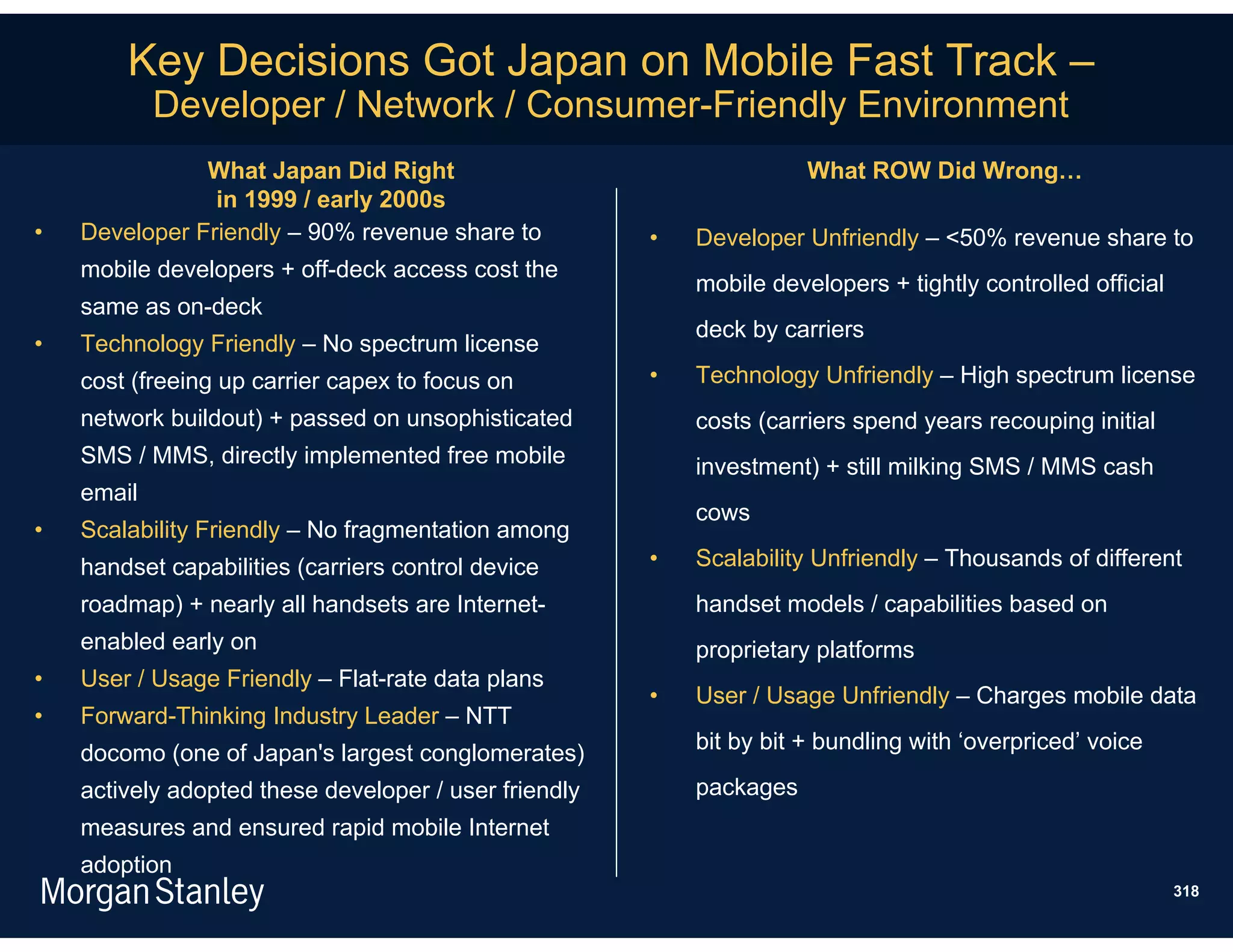 Key Decisions Got Japan on Mobile Fast Track –
            Developer / Network / Consumer-Friendly Environment
               What Japan Did Right                                   What ROW Did Wrong…
                in 1999 / early 2000s
•   Developer Friendly – 90% revenue share to          •   Developer Unfriendly – <50% revenue share to
    mobile developers + off-deck access cost the
                                                           mobile developers + tightly controlled official
    same as on-deck
                                                           deck by carriers
•   Technology Friendly – No spectrum license
    cost (freeing up carrier capex to focus on         •   Technology Unfriendly – High spectrum license
    network buildout) + passed on unsophisticated          costs (carriers spend years recouping initial
    SMS / MMS, directly implemented free mobile            investment) + still milking SMS / MMS cash
    email
                                                           cows
•   Scalability Friendly – No fragmentation among
    handset capabilities (carriers control device      •   Scalability Unfriendly – Thousands of different
    roadmap) + nearly all handsets are Internet-           handset models / capabilities based on
    enabled early on                                       proprietary platforms
•   User / Usage Friendly – Flat-rate data plans
                                                       •   User / Usage Unfriendly – Charges mobile data
•   Forward-Thinking Industry Leader – NTT
    docomo (one of Japan's largest conglomerates)          bit by bit + bundling with ‘overpriced’ voice

    actively adopted these developer / user friendly       packages
    measures and ensured rapid mobile Internet
    adoption
                                                                                                             318
 