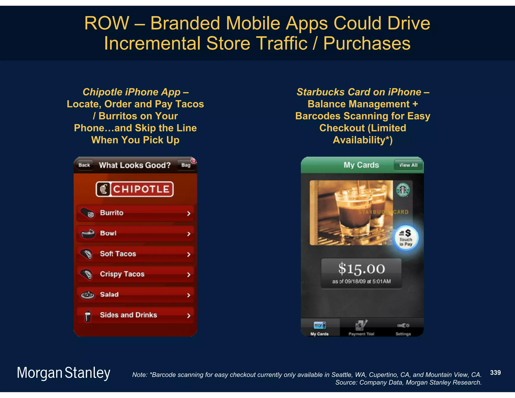 ROW – Branded Mobile Apps Could Drive
    Incremental Store Traffic / Purchases

   Chipotle iPhone App –                                           Starbucks Card on iPhone –
Locate, Order and Pay Tacos                                          Balance Management +
     / Burritos on Your                                            Barcodes Scanning for Easy
 Phone…and Skip the Line                                                Checkout (Limited
    When You Pick Up                                                      Availability*)




            Note: *Barcode scanning for easy checkout currently only available in Seattle, WA, Cupertino, CA, and Mountain View, CA.   339
                                                                                   Source: Company Data, Morgan Stanley Research.
 