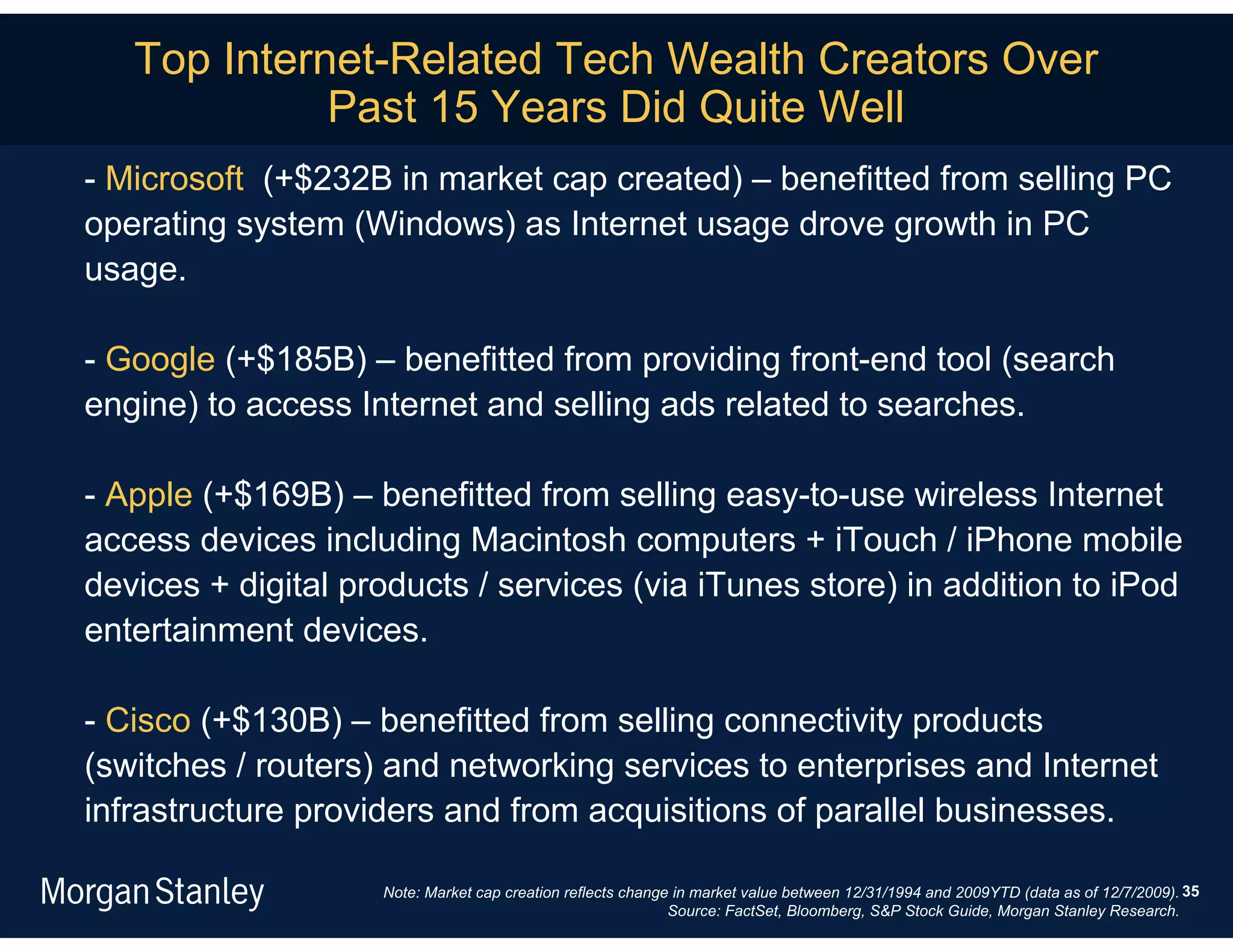 Top Internet-Related Tech Wealth Creators Over
             Past 15 Years Did Quite Well
- Microsoft (+$232B in market cap created) – benefitted from selling PC
operating system (Windows) as Internet usage drove growth in PC
usage.

- Google (+$185B) – benefitted from providing front-end tool (search
engine) to access Internet and selling ads related to searches.

- Apple (+$169B) – benefitted from selling easy-to-use wireless Internet
access devices including Macintosh computers + iTouch / iPhone mobile
devices + digital products / services (via iTunes store) in addition to iPod
entertainment devices.

- Cisco (+$130B) – benefitted from selling connectivity products
(switches / routers) and networking services to enterprises and Internet
infrastructure providers and from acquisitions of parallel businesses.

                    Note: Market cap creation reflects change in market value between 12/31/1994 and 2009YTD (data as of 12/7/2009). 35
                                                             Source: FactSet, Bloomberg, S&P Stock Guide, Morgan Stanley Research.
 