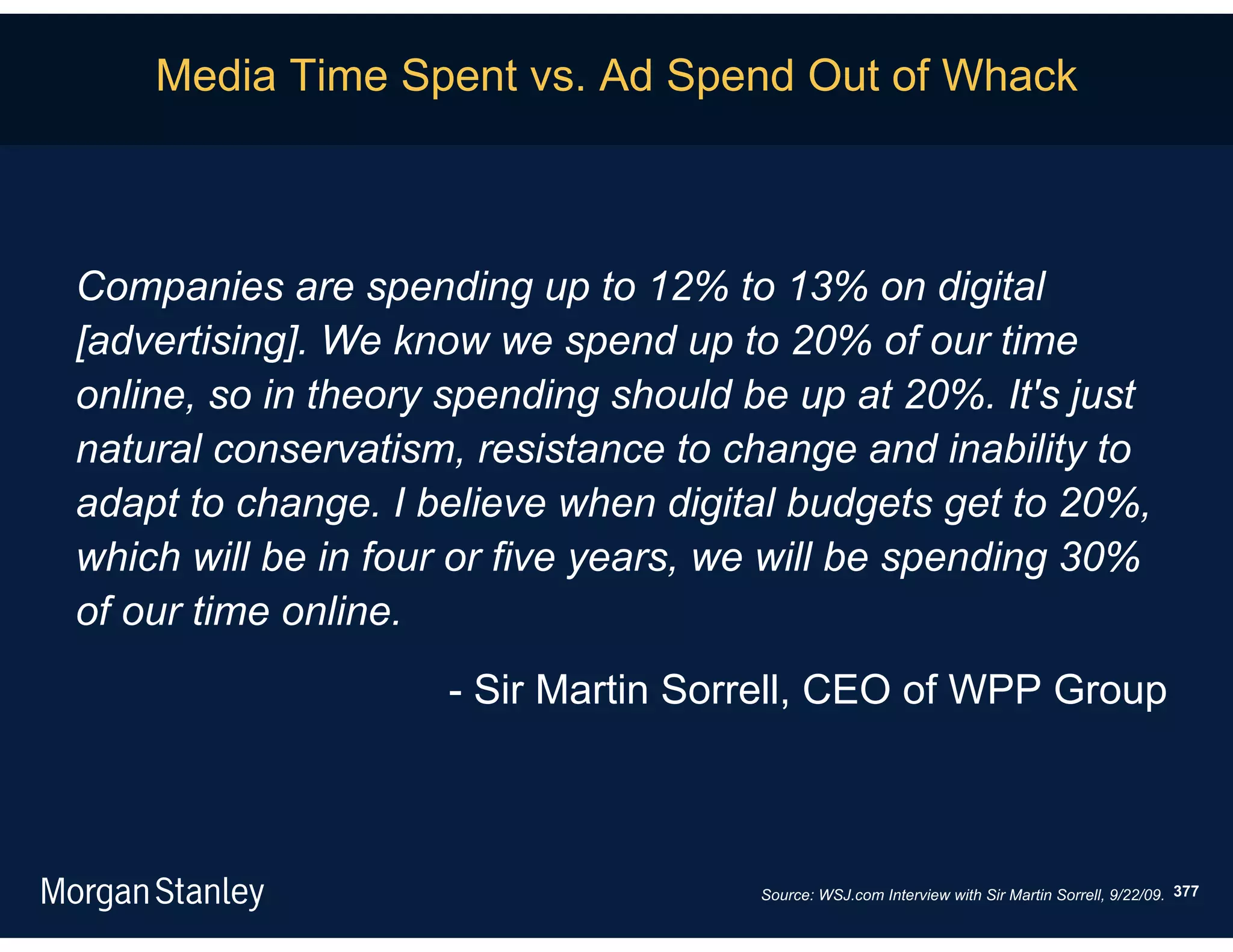 Media Time Spent vs. Ad Spend Out of Whack



Companies are spending up to 12% to 13% on digital
[advertising]. We know we spend up to 20% of our time
online, so in theory spending should be up at 20%. It's just
natural conservatism, resistance to change and inability to
adapt to change. I believe when digital budgets get to 20%,
which will be in four or five years, we will be spending 30%
of our time online.
                    - Sir Martin Sorrell, CEO of WPP Group



                                      Source: WSJ.com Interview with Sir Martin Sorrell, 9/22/09. 377
 