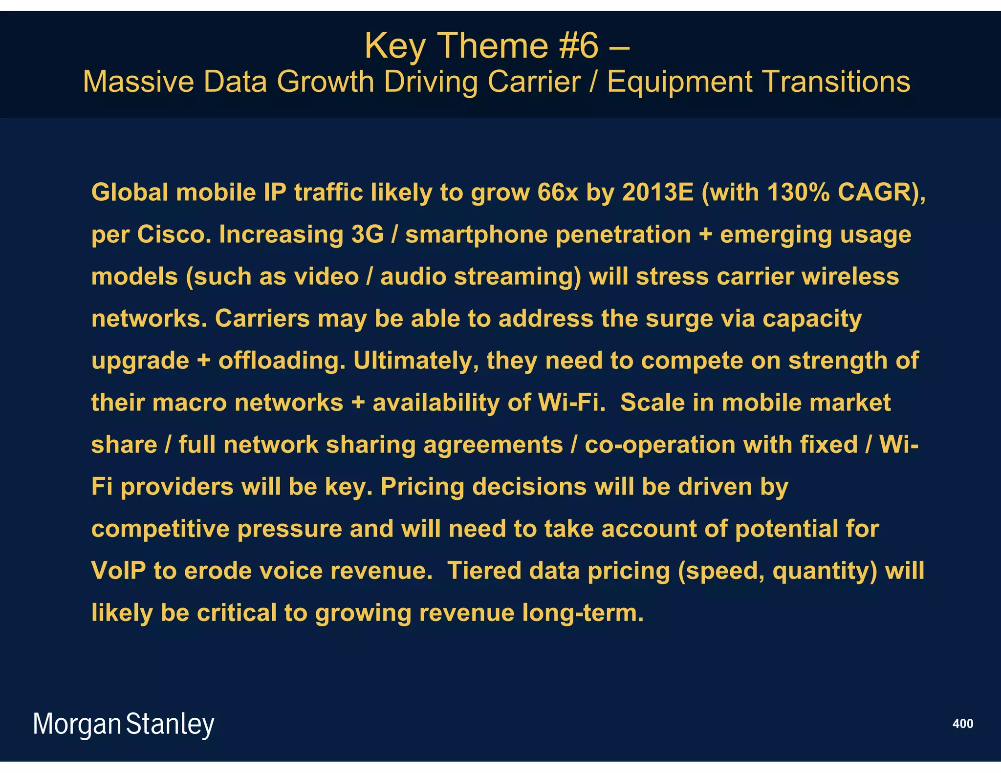 Key Theme #6 –
Massive Data Growth Driving Carrier / Equipment Transitions


Global mobile IP traffic likely to grow 66x by 2013E (with 130% CAGR),
per Cisco. Increasing 3G / smartphone penetration + emerging usage
models (such as video / audio streaming) will stress carrier wireless
networks. Carriers may be able to address the surge via capacity
upgrade + offloading. Ultimately, they need to compete on strength of
their macro networks + availability of Wi-Fi. Scale in mobile market
share / full network sharing agreements / co-operation with fixed / Wi-
Fi providers will be key. Pricing decisions will be driven by
competitive pressure and will need to take account of potential for
VoIP to erode voice revenue. Tiered data pricing (speed, quantity) will
likely be critical to growing revenue long-term.



                                                                          400
 