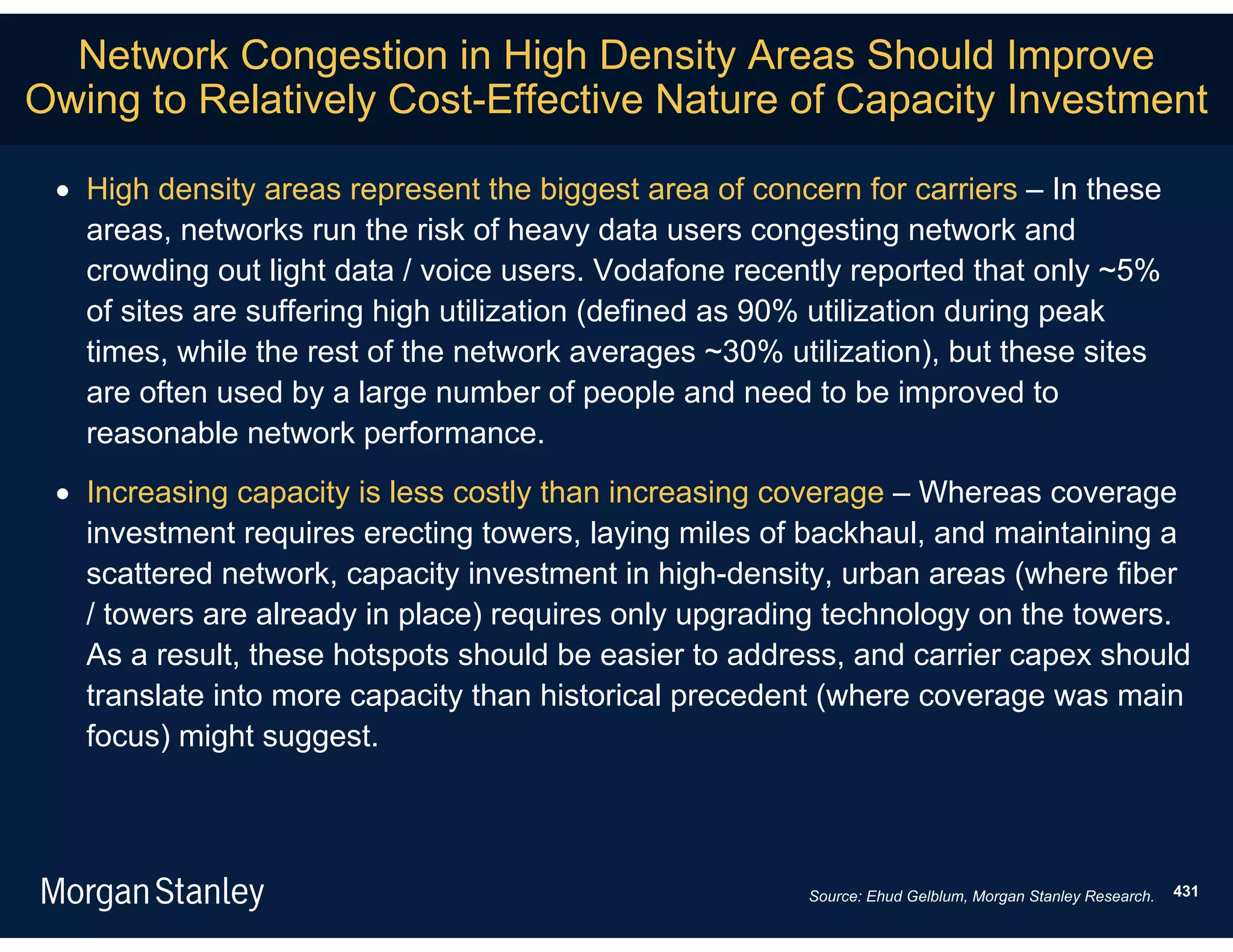 Network Congestion in High Density Areas Should Improve
Owing to Relatively Cost-Effective Nature of Capacity Investment

  High density areas represent the biggest area of concern for carriers – In these
   areas, networks run the risk of heavy data users congesting network and
   crowding out light data / voice users. Vodafone recently reported that only ~5%
   of sites are suffering high utilization (defined as 90% utilization during peak
   times, while the rest of the network averages ~30% utilization), but these sites
   are often used by a large number of people and need to be improved to
   reasonable network performance.
  Increasing capacity is less costly than increasing coverage – Whereas coverage
   investment requires erecting towers, laying miles of backhaul, and maintaining a
   scattered network, capacity investment in high-density, urban areas (where fiber
   / towers are already in place) requires only upgrading technology on the towers.
   As a result, these hotspots should be easier to address, and carrier capex should
   translate into more capacity than historical precedent (where coverage was main
   focus) might suggest.




                                                        Source: Ehud Gelblum, Morgan Stanley Research.   431
 