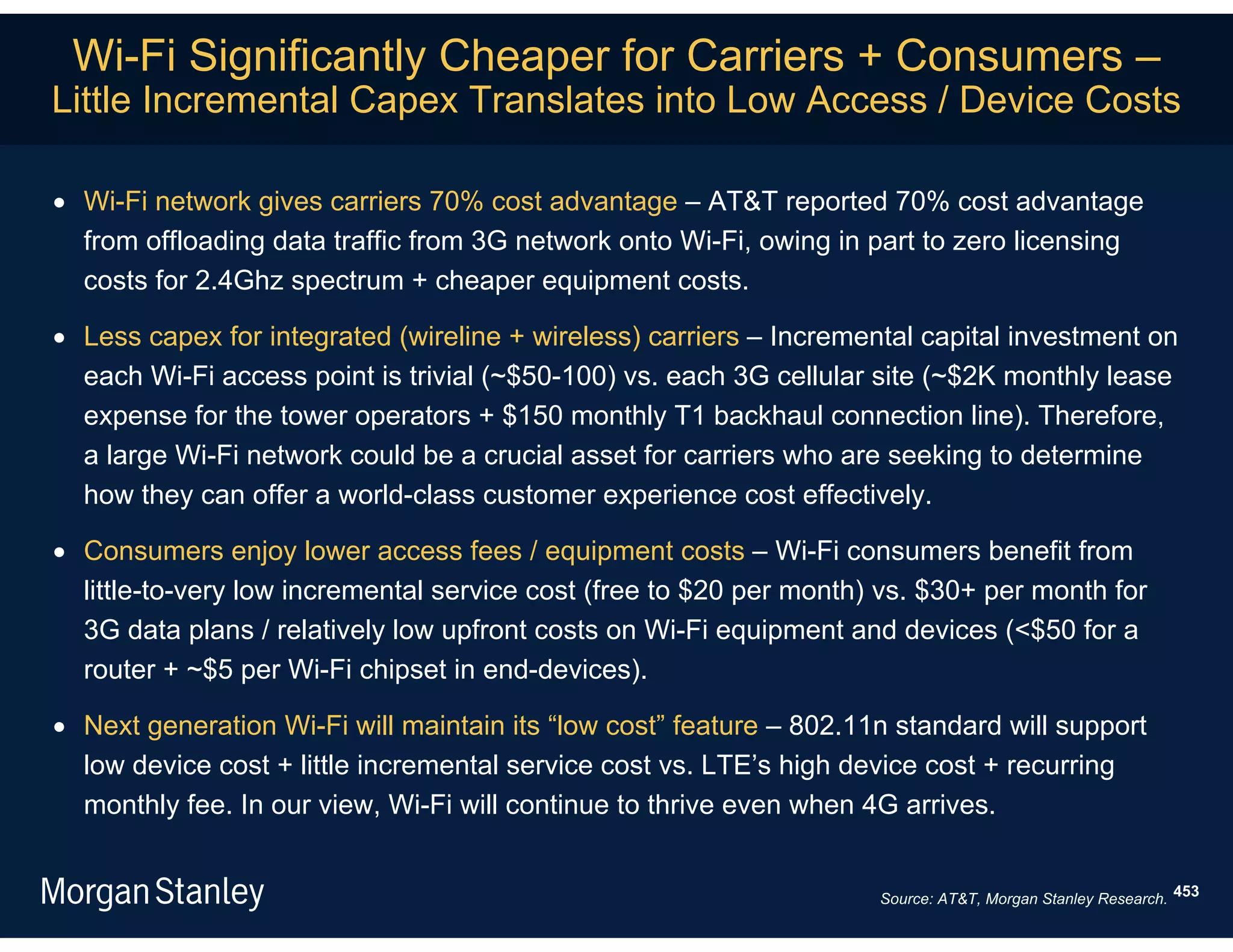 Wi-Fi Significantly Cheaper for Carriers + Consumers –
Little Incremental Capex Translates into Low Access / Device Costs

 Wi-Fi network gives carriers 70% cost advantage – AT&T reported 70% cost advantage
  from offloading data traffic from 3G network onto Wi-Fi, owing in part to zero licensing
  costs for 2.4Ghz spectrum + cheaper equipment costs.

 Less capex for integrated (wireline + wireless) carriers – Incremental capital investment on
  each Wi-Fi access point is trivial (~$50-100) vs. each 3G cellular site (~$2K monthly lease
  expense for the tower operators + $150 monthly T1 backhaul connection line). Therefore,
  a large Wi-Fi network could be a crucial asset for carriers who are seeking to determine
  how they can offer a world-class customer experience cost effectively.

 Consumers enjoy lower access fees / equipment costs – Wi-Fi consumers benefit from
  little-to-very low incremental service cost (free to $20 per month) vs. $30+ per month for
  3G data plans / relatively low upfront costs on Wi-Fi equipment and devices (<$50 for a
  router + ~$5 per Wi-Fi chipset in end-devices).

 Next generation Wi-Fi will maintain its “low cost” feature – 802.11n standard will support
  low device cost + little incremental service cost vs. LTE’s high device cost + recurring
  monthly fee. In our view, Wi-Fi will continue to thrive even when 4G arrives.


                                                                     Source: AT&T, Morgan Stanley Research. 453
 