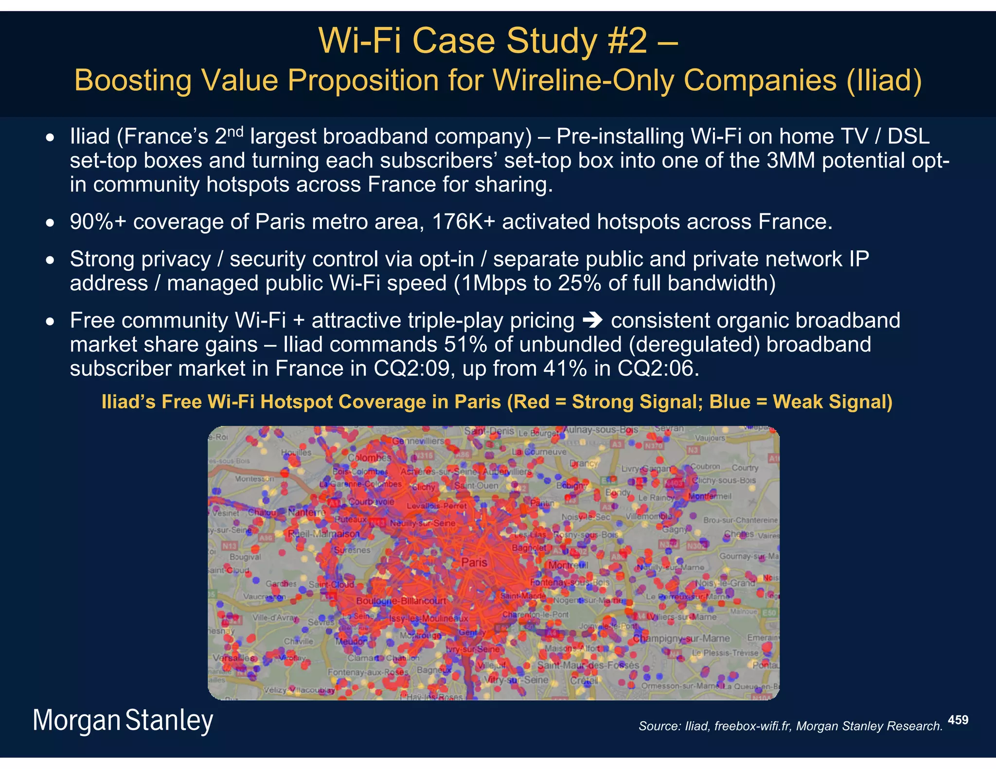Wi-Fi Case Study #2 –
   Boosting Value Proposition for Wireline-Only Companies (Iliad)
 Iliad (France’s 2nd largest broadband company) – Pre-installing Wi-Fi on home TV / DSL
  set-top boxes and turning each subscribers’ set-top box into one of the 3MM potential opt-
  in community hotspots across France for sharing.
 90%+ coverage of Paris metro area, 176K+ activated hotspots across France.
 Strong privacy / security control via opt-in / separate public and private network IP
  address / managed public Wi-Fi speed (1Mbps to 25% of full bandwidth)
 Free community Wi-Fi + attractive triple-play pricing  consistent organic broadband
  market share gains – Iliad commands 51% of unbundled (deregulated) broadband
  subscriber market in France in CQ2:09, up from 41% in CQ2:06.
     Iliad’s Free Wi-Fi Hotspot Coverage in Paris (Red = Strong Signal; Blue = Weak Signal)




                                                               Source: Iliad, freebox-wifi.fr, Morgan Stanley Research. 459
 