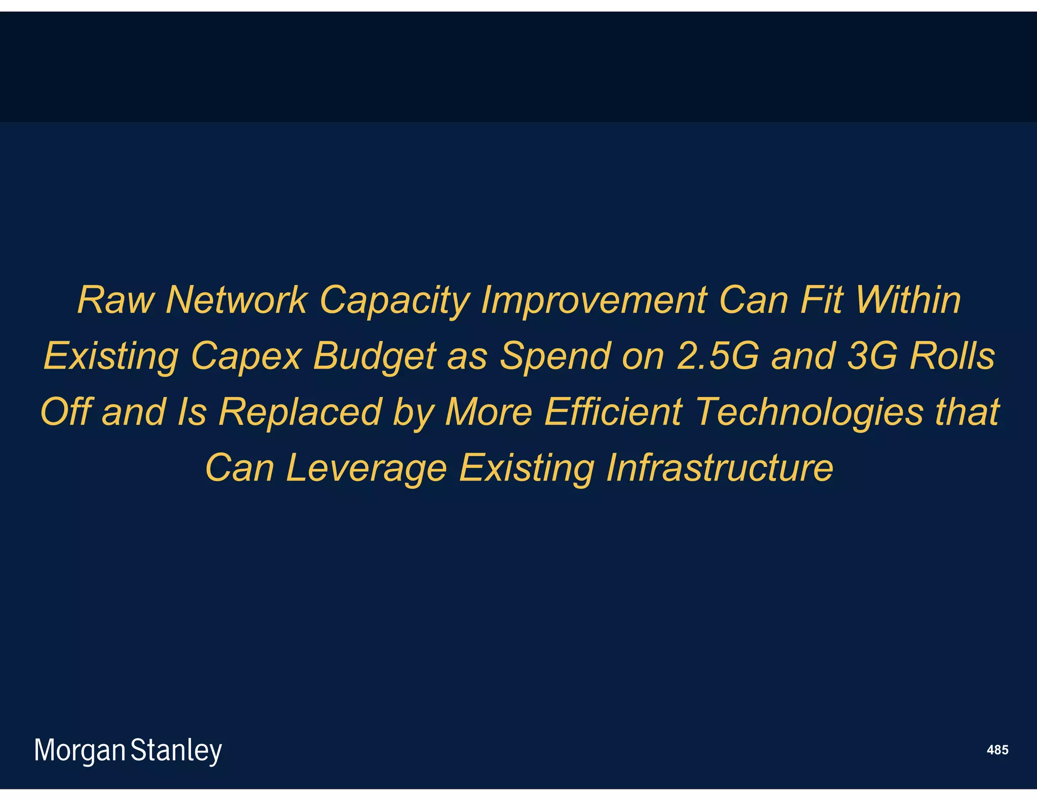 Raw Network Capacity Improvement Can Fit Within
Existing Capex Budget as Spend on 2.5G and 3G Rolls
Off and Is Replaced by More Efficient Technologies that
          Can Leverage Existing Infrastructure




                                                      485
 