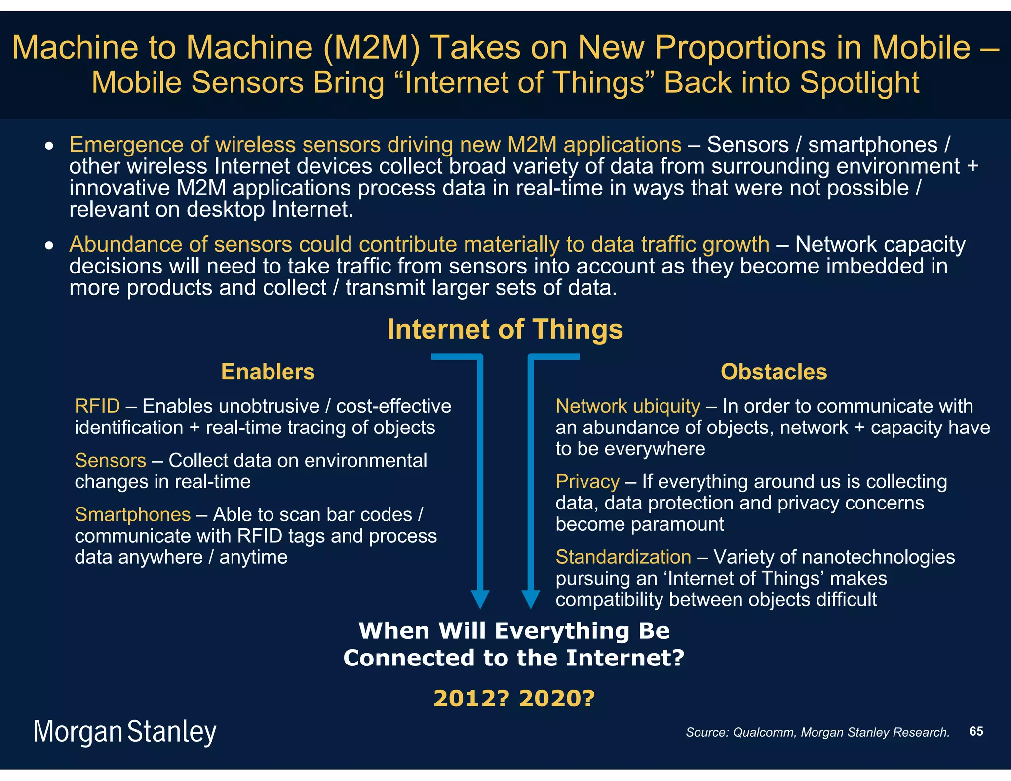 Machine to Machine (M2M) Takes on New Proportions in Mobile –
      Mobile Sensors Bring “Internet of Things” Back into Spotlight
   Emergence of wireless sensors driving new M2M applications – Sensors / smartphones /
    other wireless Internet devices collect broad variety of data from surrounding environment +
    innovative M2M applications process data in real-time in ways that were not possible /
    relevant on desktop Internet.
   Abundance of sensors could contribute materially to data traffic growth – Network capacity
    decisions will need to take traffic from sensors into account as they become imbedded in
    more products and collect / transmit larger sets of data.
                                          Internet of Things
                      Enablers                                             Obstacles
     RFID – Enables unobtrusive / cost-effective       Network ubiquity – In order to communicate with
     identification + real-time tracing of objects     an abundance of objects, network + capacity have
                                                       to be everywhere
     Sensors – Collect data on environmental
     changes in real-time                              Privacy – If everything around us is collecting
                                                       data, data protection and privacy concerns
     Smartphones – Able to scan bar codes /            become paramount
     communicate with RFID tags and process
     data anywhere / anytime                           Standardization – Variety of nanotechnologies
                                                       pursuing an ‘Internet of Things’ makes
                                                       compatibility between objects difficult
                                      When Will Everything Be
                                     Connected to the Internet?
                                               2012? 2020?
                                                                      Source: Qualcomm, Morgan Stanley Research.   65
 
