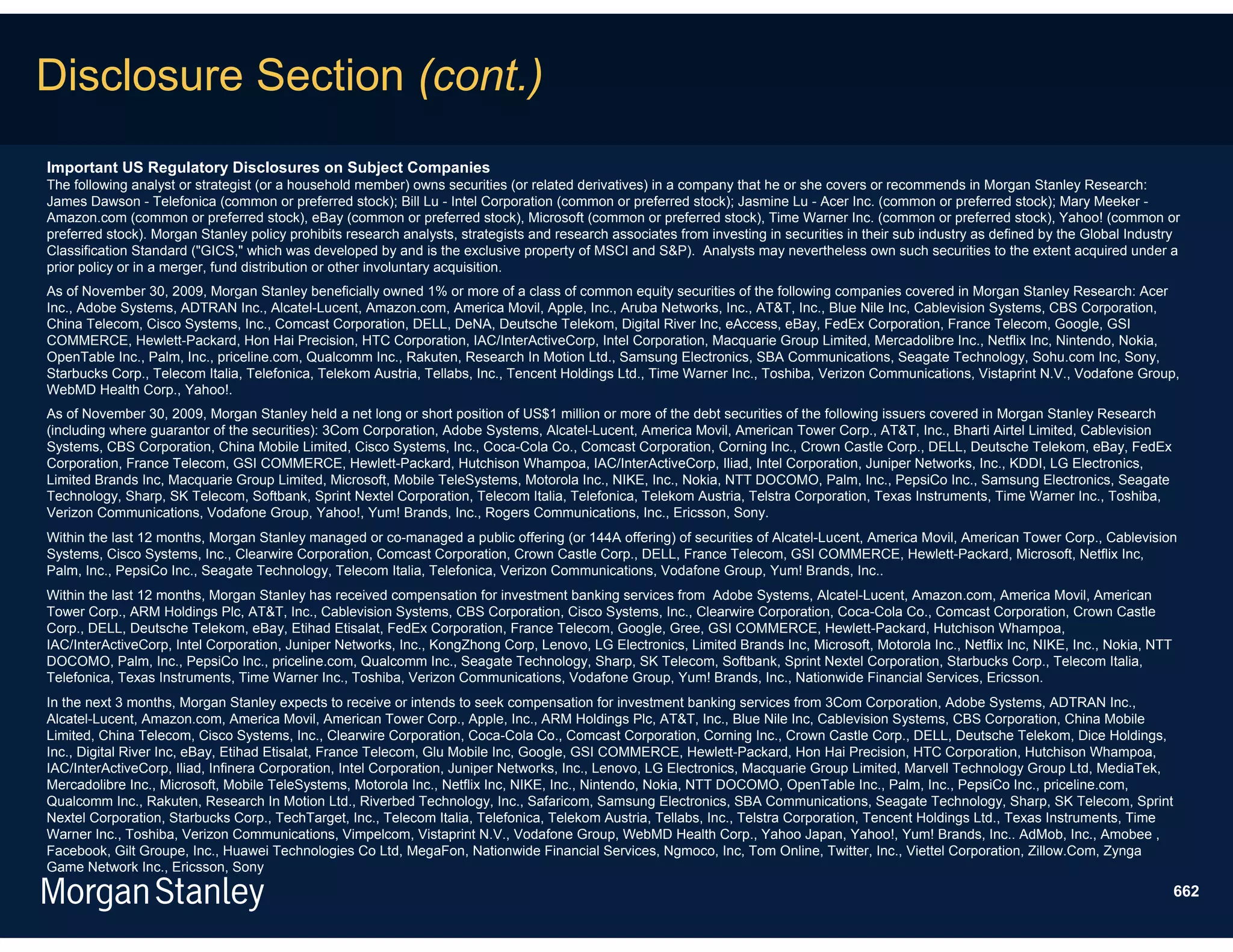 Disclosure Section (cont.)
Important US Regulatory Disclosures on Subject Companies
The following analyst or strategist (or a household member) owns securities (or related derivatives) in a company that he or she covers or recommends in Morgan Stanley Research:
James Dawson - Telefonica (common or preferred stock); Bill Lu - Intel Corporation (common or preferred stock); Jasmine Lu - Acer Inc. (common or preferred stock); Mary Meeker -
Amazon.com (common or preferred stock), eBay (common or preferred stock), Microsoft (common or preferred stock), Time Warner Inc. (common or preferred stock), Yahoo! (common or
preferred stock). Morgan Stanley policy prohibits research analysts, strategists and research associates from investing in securities in their sub industry as defined by the Global Industry
Classification Standard ("GICS," which was developed by and is the exclusive property of MSCI and S&P). Analysts may nevertheless own such securities to the extent acquired under a
prior policy or in a merger, fund distribution or other involuntary acquisition.
As of November 30, 2009, Morgan Stanley beneficially owned 1% or more of a class of common equity securities of the following companies covered in Morgan Stanley Research: Acer
Inc., Adobe Systems, ADTRAN Inc., Alcatel-Lucent, Amazon.com, America Movil, Apple, Inc., Aruba Networks, Inc., AT&T, Inc., Blue Nile Inc, Cablevision Systems, CBS Corporation,
China Telecom, Cisco Systems, Inc., Comcast Corporation, DELL, DeNA, Deutsche Telekom, Digital River Inc, eAccess, eBay, FedEx Corporation, France Telecom, Google, GSI
COMMERCE, Hewlett-Packard, Hon Hai Precision, HTC Corporation, IAC/InterActiveCorp, Intel Corporation, Macquarie Group Limited, Mercadolibre Inc., Netflix Inc, Nintendo, Nokia,
OpenTable Inc., Palm, Inc., priceline.com, Qualcomm Inc., Rakuten, Research In Motion Ltd., Samsung Electronics, SBA Communications, Seagate Technology, Sohu.com Inc, Sony,
Starbucks Corp., Telecom Italia, Telefonica, Telekom Austria, Tellabs, Inc., Tencent Holdings Ltd., Time Warner Inc., Toshiba, Verizon Communications, Vistaprint N.V., Vodafone Group,
WebMD Health Corp., Yahoo!.
As of November 30, 2009, Morgan Stanley held a net long or short position of US$1 million or more of the debt securities of the following issuers covered in Morgan Stanley Research
(including where guarantor of the securities): 3Com Corporation, Adobe Systems, Alcatel-Lucent, America Movil, American Tower Corp., AT&T, Inc., Bharti Airtel Limited, Cablevision
Systems, CBS Corporation, China Mobile Limited, Cisco Systems, Inc., Coca-Cola Co., Comcast Corporation, Corning Inc., Crown Castle Corp., DELL, Deutsche Telekom, eBay, FedEx
Corporation, France Telecom, GSI COMMERCE, Hewlett-Packard, Hutchison Whampoa, IAC/InterActiveCorp, Iliad, Intel Corporation, Juniper Networks, Inc., KDDI, LG Electronics,
Limited Brands Inc, Macquarie Group Limited, Microsoft, Mobile TeleSystems, Motorola Inc., NIKE, Inc., Nokia, NTT DOCOMO, Palm, Inc., PepsiCo Inc., Samsung Electronics, Seagate
Technology, Sharp, SK Telecom, Softbank, Sprint Nextel Corporation, Telecom Italia, Telefonica, Telekom Austria, Telstra Corporation, Texas Instruments, Time Warner Inc., Toshiba,
Verizon Communications, Vodafone Group, Yahoo!, Yum! Brands, Inc., Rogers Communications, Inc., Ericsson, Sony.
Within the last 12 months, Morgan Stanley managed or co-managed a public offering (or 144A offering) of securities of Alcatel-Lucent, America Movil, American Tower Corp., Cablevision
Systems, Cisco Systems, Inc., Clearwire Corporation, Comcast Corporation, Crown Castle Corp., DELL, France Telecom, GSI COMMERCE, Hewlett-Packard, Microsoft, Netflix Inc,
Palm, Inc., PepsiCo Inc., Seagate Technology, Telecom Italia, Telefonica, Verizon Communications, Vodafone Group, Yum! Brands, Inc..
Within the last 12 months, Morgan Stanley has received compensation for investment banking services from Adobe Systems, Alcatel-Lucent, Amazon.com, America Movil, American
Tower Corp., ARM Holdings Plc, AT&T, Inc., Cablevision Systems, CBS Corporation, Cisco Systems, Inc., Clearwire Corporation, Coca-Cola Co., Comcast Corporation, Crown Castle
Corp., DELL, Deutsche Telekom, eBay, Etihad Etisalat, FedEx Corporation, France Telecom, Google, Gree, GSI COMMERCE, Hewlett-Packard, Hutchison Whampoa,
IAC/InterActiveCorp, Intel Corporation, Juniper Networks, Inc., KongZhong Corp, Lenovo, LG Electronics, Limited Brands Inc, Microsoft, Motorola Inc., Netflix Inc, NIKE, Inc., Nokia, NTT
DOCOMO, Palm, Inc., PepsiCo Inc., priceline.com, Qualcomm Inc., Seagate Technology, Sharp, SK Telecom, Softbank, Sprint Nextel Corporation, Starbucks Corp., Telecom Italia,
Telefonica, Texas Instruments, Time Warner Inc., Toshiba, Verizon Communications, Vodafone Group, Yum! Brands, Inc., Nationwide Financial Services, Ericsson.
In the next 3 months, Morgan Stanley expects to receive or intends to seek compensation for investment banking services from 3Com Corporation, Adobe Systems, ADTRAN Inc.,
Alcatel-Lucent, Amazon.com, America Movil, American Tower Corp., Apple, Inc., ARM Holdings Plc, AT&T, Inc., Blue Nile Inc, Cablevision Systems, CBS Corporation, China Mobile
Limited, China Telecom, Cisco Systems, Inc., Clearwire Corporation, Coca-Cola Co., Comcast Corporation, Corning Inc., Crown Castle Corp., DELL, Deutsche Telekom, Dice Holdings,
Inc., Digital River Inc, eBay, Etihad Etisalat, France Telecom, Glu Mobile Inc, Google, GSI COMMERCE, Hewlett-Packard, Hon Hai Precision, HTC Corporation, Hutchison Whampoa,
IAC/InterActiveCorp, Iliad, Infinera Corporation, Intel Corporation, Juniper Networks, Inc., Lenovo, LG Electronics, Macquarie Group Limited, Marvell Technology Group Ltd, MediaTek,
Mercadolibre Inc., Microsoft, Mobile TeleSystems, Motorola Inc., Netflix Inc, NIKE, Inc., Nintendo, Nokia, NTT DOCOMO, OpenTable Inc., Palm, Inc., PepsiCo Inc., priceline.com,
Qualcomm Inc., Rakuten, Research In Motion Ltd., Riverbed Technology, Inc., Safaricom, Samsung Electronics, SBA Communications, Seagate Technology, Sharp, SK Telecom, Sprint
Nextel Corporation, Starbucks Corp., TechTarget, Inc., Telecom Italia, Telefonica, Telekom Austria, Tellabs, Inc., Telstra Corporation, Tencent Holdings Ltd., Texas Instruments, Time
Warner Inc., Toshiba, Verizon Communications, Vimpelcom, Vistaprint N.V., Vodafone Group, WebMD Health Corp., Yahoo Japan, Yahoo!, Yum! Brands, Inc.. AdMob, Inc., Amobee ,
Facebook, Gilt Groupe, Inc., Huawei Technologies Co Ltd, MegaFon, Nationwide Financial Services, Ngmoco, Inc, Tom Online, Twitter, Inc., Viettel Corporation, Zillow.Com, Zynga
Game Network Inc., Ericsson, Sony
                                                                                                                                                                                            662
 