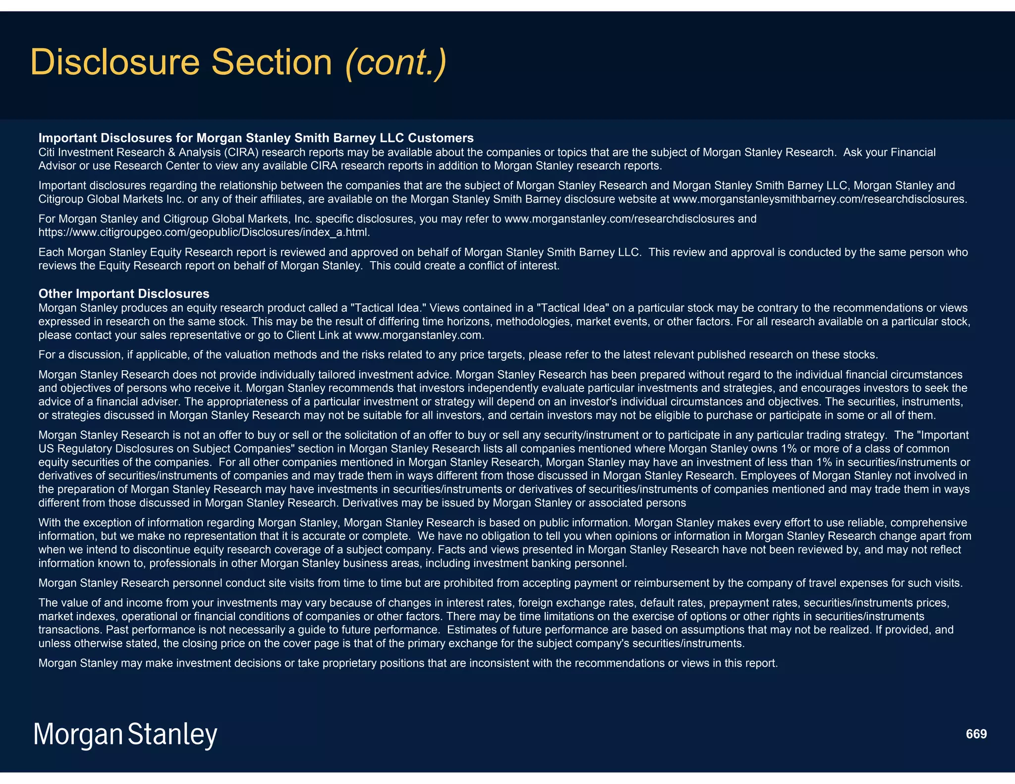 Disclosure Section (cont.)
Important Disclosures for Morgan Stanley Smith Barney LLC Customers
Citi Investment Research & Analysis (CIRA) research reports may be available about the companies or topics that are the subject of Morgan Stanley Research. Ask your Financial
Advisor or use Research Center to view any available CIRA research reports in addition to Morgan Stanley research reports.
Important disclosures regarding the relationship between the companies that are the subject of Morgan Stanley Research and Morgan Stanley Smith Barney LLC, Morgan Stanley and
Citigroup Global Markets Inc. or any of their affiliates, are available on the Morgan Stanley Smith Barney disclosure website at www.morganstanleysmithbarney.com/researchdisclosures.
For Morgan Stanley and Citigroup Global Markets, Inc. specific disclosures, you may refer to www.morganstanley.com/researchdisclosures and
https://www.citigroupgeo.com/geopublic/Disclosures/index_a.html.
Each Morgan Stanley Equity Research report is reviewed and approved on behalf of Morgan Stanley Smith Barney LLC. This review and approval is conducted by the same person who
reviews the Equity Research report on behalf of Morgan Stanley. This could create a conflict of interest.

Other Important Disclosures
Morgan Stanley produces an equity research product called a "Tactical Idea." Views contained in a "Tactical Idea" on a particular stock may be contrary to the recommendations or views
expressed in research on the same stock. This may be the result of differing time horizons, methodologies, market events, or other factors. For all research available on a particular stock,
please contact your sales representative or go to Client Link at www.morganstanley.com.
For a discussion, if applicable, of the valuation methods and the risks related to any price targets, please refer to the latest relevant published research on these stocks.
Morgan Stanley Research does not provide individually tailored investment advice. Morgan Stanley Research has been prepared without regard to the individual financial circumstances
and objectives of persons who receive it. Morgan Stanley recommends that investors independently evaluate particular investments and strategies, and encourages investors to seek the
advice of a financial adviser. The appropriateness of a particular investment or strategy will depend on an investor's individual circumstances and objectives. The securities, instruments,
or strategies discussed in Morgan Stanley Research may not be suitable for all investors, and certain investors may not be eligible to purchase or participate in some or all of them.
Morgan Stanley Research is not an offer to buy or sell or the solicitation of an offer to buy or sell any security/instrument or to participate in any particular trading strategy. The "Important
US Regulatory Disclosures on Subject Companies" section in Morgan Stanley Research lists all companies mentioned where Morgan Stanley owns 1% or more of a class of common
equity securities of the companies. For all other companies mentioned in Morgan Stanley Research, Morgan Stanley may have an investment of less than 1% in securities/instruments or
derivatives of securities/instruments of companies and may trade them in ways different from those discussed in Morgan Stanley Research. Employees of Morgan Stanley not involved in
the preparation of Morgan Stanley Research may have investments in securities/instruments or derivatives of securities/instruments of companies mentioned and may trade them in ways
different from those discussed in Morgan Stanley Research. Derivatives may be issued by Morgan Stanley or associated persons
With the exception of information regarding Morgan Stanley, Morgan Stanley Research is based on public information. Morgan Stanley makes every effort to use reliable, comprehensive
information, but we make no representation that it is accurate or complete. We have no obligation to tell you when opinions or information in Morgan Stanley Research change apart from
when we intend to discontinue equity research coverage of a subject company. Facts and views presented in Morgan Stanley Research have not been reviewed by, and may not reflect
information known to, professionals in other Morgan Stanley business areas, including investment banking personnel.
Morgan Stanley Research personnel conduct site visits from time to time but are prohibited from accepting payment or reimbursement by the company of travel expenses for such visits.
The value of and income from your investments may vary because of changes in interest rates, foreign exchange rates, default rates, prepayment rates, securities/instruments prices,
market indexes, operational or financial conditions of companies or other factors. There may be time limitations on the exercise of options or other rights in securities/instruments
transactions. Past performance is not necessarily a guide to future performance. Estimates of future performance are based on assumptions that may not be realized. If provided, and
unless otherwise stated, the closing price on the cover page is that of the primary exchange for the subject company's securities/instruments.
Morgan Stanley may make investment decisions or take proprietary positions that are inconsistent with the recommendations or views in this report.




                                                                                                                                                                                                 669
 