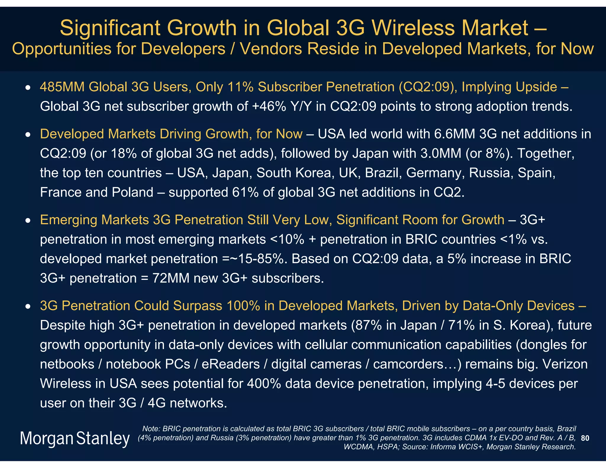 Significant Growth in Global 3G Wireless Market –
Opportunities for Developers / Vendors Reside in Developed Markets, for Now

  485MM Global 3G Users, Only 11% Subscriber Penetration (CQ2:09), Implying Upside –
   Global 3G net subscriber growth of +46% Y/Y in CQ2:09 points to strong adoption trends.

  Developed Markets Driving Growth, for Now – USA led world with 6.6MM 3G net additions in
   CQ2:09 (or 18% of global 3G net adds), followed by Japan with 3.0MM (or 8%). Together,
   the top ten countries – USA, Japan, South Korea, UK, Brazil, Germany, Russia, Spain,
   France and Poland – supported 61% of global 3G net additions in CQ2.

  Emerging Markets 3G Penetration Still Very Low, Significant Room for Growth – 3G+
   penetration in most emerging markets <10% + penetration in BRIC countries <1% vs.
   developed market penetration =~15-85%. Based on CQ2:09 data, a 5% increase in BRIC
   3G+ penetration = 72MM new 3G+ subscribers.

  3G Penetration Could Surpass 100% in Developed Markets, Driven by Data-Only Devices –
   Despite high 3G+ penetration in developed markets (87% in Japan / 71% in S. Korea), future
   growth opportunity in data-only devices with cellular communication capabilities (dongles for
   netbooks / notebook PCs / eReaders / digital cameras / camcorders…) remains big. Verizon
   Wireless in USA sees potential for 400% data device penetration, implying 4-5 devices per
   user on their 3G / 4G networks.
                    Note: BRIC penetration is calculated as total BRIC 3G subscribers / total BRIC mobile subscribers – on a per country basis, Brazil
                   (4% penetration) and Russia (3% penetration) have greater than 1% 3G penetration. 3G includes CDMA 1x EV-DO and Rev. A / B, 80
                                                                               WCDMA, HSPA; Source: Informa WCIS+, Morgan Stanley Research.
 