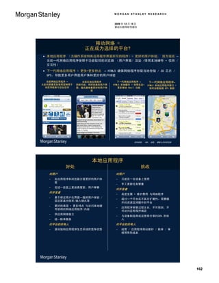 MORGAN STANLEY RESEARCH


                                 2009 年 12 月 15 日
                                 移动互联网研究报告




                      移动网络 =
                    正在成为选择的平台?
 本地应用程序 （为操作系统特有应用程序界面所写的程序）= 更好的用户体验， 因为现在 –
  当前一代网络应用程序受限于功能较弱的浏览器 （用户界面/ 渲染 /使用本地硬件 + 信息 /
  交互性）
 下一代网络应用程序 = 更快+更多特点 – HTML5 确保网络程序存取当地存储 / 3D 芯片 /
  GPS，导致更多用户界面用户休和更好的用户体验
  当前网络应用程序 –       当前本地应用程序         下一代网络应用程序 –        下一代网络应用程序–
大多的屏幕实际使用面种用于    同样内容，同样优美的用户界   HTML5 本地缓存 = 快带反应+   HTML5 本地应用程序接口 =
 浏览导航条与空白空间      面，版式意味着更好的用户体      更多移动 Gmail 功能      实时谷歌纵模 GPS 跟踪
                       验




                                              资料来源： CBS， 谷歌， 摩根士丹利研究部




                       本地应用程序
           好处                                       挑战
   对用户                            对用户
      在应用程序和浏览器方面更好的用户体             只能在一台设备上使用
       验
                                     手工更新任务繁重
      在统一店面上更容易搜索、用户审察
                                  对开发者
   对开发者
                                     高度发展 + 维护费用 与网络程序
      易于保证用户化界面一致的用户体验 /
                                     超过一个平台后不具可扩展性– 需要额
       固定屏幕分辩率/输入模式等
                                      外的资源支持额外的平台
      更好的表现 + 更多特点 与访问本地硬
                                     应用程序审察过程太长，不可预测，不
       件获得的网络应用程序/内容
                                      可访问应有程序商店
      供应商网络独立
                                     与设备制造商或运营商分享约30% 的收
      统一账单服务                         入
   对平台的所有人                        对平台的所有人
      源自独特应用程序生态系统的竞争优势             经营 / 应用程序商站维护 / 账单 / 审
                                      核等有形成本




                                                                         162
 