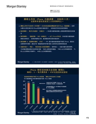 MORGAN STANLEY RESEARCH


                                                                                  2009 年 12 月 15 日
                                                                                  移动互联网研究报告




     摩根士丹利 iPhone 兴趣调查（ 2008年11月）
                                     运营商专营权是美国三大采用障碍之一

 摩根士丹利于2008年11月开展了一次2500名美国消费者参与的iPhone 兴趣调查 – 结果
 主要关注那些表示对iPhone特别感兴趣的用户， 没有购买而存在的采用障碍。

 购买障碍1 ：每月计划成本 （95美元） – 55%感兴趣的被调查人因服务费用原因没有购
 买

 购买障碍2 ： 设备价格 （199 -299美元） – 由于iPhone价格高，53%的感兴趣的被调
 查者没有购买； 如果价格降至100，被调查者单位需求增加89% 。

 购买障碍 3：运营商专营权 （AT&T） – 41% 感兴趣的被调查者不购买iPhone，是因为
 运营商的专营权 –提及AT&T 覆盖程度和价格问题+从现有的运营商转换成本

 设备的设计 / 特征 ： 相关性较小的采用障碍 – 各种设计 / 功能问题代表的障碍，
 15%的被调察者提及电池寿命问题， 9%的人提到虚拟键盘， 7%的人认为存储嚣有限， 7%
 的人认为限制公司邮件l， 4%的人认为相像像素低。




                                         注： 摩根士丹利调查了2，500 名美国用户，当前结果源自 1，065名对 iPhon表示出示同程度兴趣的被调查者。 资料来源：
                                                                                Katy Huberty， Nick Delfas， 摩根士丹利研究部




                                   iPhone 降价至99美元会消除 障碍2–
                             障碍1、3 = 每月费用高 + AT&T在美国的经营权

      造成美国消费者不购买iPhone的因素， 摩根士丹利2008年11月调查
      55% 的被调查者认为每月费用很高是不采用 iPhone 的原因

     60%
                             55%
                                         53%                             2009年6月由于苹果将 iPhone 3G （8GB）
       提到每种采用障碍的被调查者所占的百分比




                                                                         价格降至99 需合同，本问题已解决
     50%
                                                                         30%的被调查者认为 AT&T是他们不在美国采
                                                     41%
                                                                         用 iPhone的原因；
     40%
                                                                         我们注意这个采用障碍在美国的存在时间可
                                                                         能要比在西欧的存在的时间长的多*
     30%

                                                                                                                             20%
     20%
                                                               15%

                                                                             9%
     10%                                                                                  7%           7%
                                                                                                                    4%

     0%
                             用



                                       用




                                                               命



                                                                         盘



                                                                                      限




                                                                                                                机
                                                   权




                                                                                                   件




                                                                                                                             因
                     费



                                     费




                                                           寿



                                                                       键



                                                                                  有




                                                                                                            相
                                                 营




                                                                                               邮




                                                                                                                         原
       月



                                   备




                                                           池



                                                                     拟



                                                                                  储




                                                                                                            素
                                               专




                                                                                               司




                                                                                                                         他
      每



                                 设




                                                       电



                                                                   虚



                                                                              存




                                                                                                        像
                                             商




                                                                                           公




                                                                                                                     其
                                                                                                       低
                                           营




                                                                                          制




                                                                                                                    有
                                         运




                                                                                      限




                                                                                                                所




                                       注： 摩根士丹利对 2500名美国用户展开了调查，此处的结果来自1065名对iPhone表示出不同兴趣的被调查者 。所有其他因素所
                                        括负面的新闻报导和个人推荐。 * 在美国，只有两个 GSM / WCDMA 网络（AT&T + T-移动）， 但是在欧洲一般会有4个 GSM /
                                                                                                           WCDMA 网络。
                                                                        资料来源： Katy Huberty， Nick Delfas， 摩根士丹利研究部



                                                                                                                                   172
 