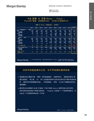 MORGAN STANLEY RESEARCH


                                                                                 2009 年 12 月 15 日
                                                                                 移动互联网研究报告




                                                                                                                                                    #3 苹果创新
                             RIM 黑莓 与 苹果iPhone / iTouch –
                  iPhone用户基数，是黑莓的102%， 2年前只占黑莓的19%!

                                                黑莓 与 iPhone – 净增加用户， 全球用户

                                    CQ2:07     CQ3:07     CQ4:07     CQ1:08      CQ2:08   CQ3:08      CQ4:08    CQ1:09    CQ2:09    CQ3:09

        全球净增加用户
Global Net Subscriber Additions (000)
 黑莓
 BlackBerry                           1,200     1,450       1,650     2,180       2,300    2,600        2,600    3,900     3,803      3,770
     年同比增长
    Y/Y Growth                         76%      106%         89%      114%         92%      79%          58%      79%       65%        45%
     季同比增长
    Q/Q Growth                           18        21          14        32           6       13            0       50        -3         -1
 iPhone                                 270     1,119       2,315     1,703         717    6,892        4,363    3,793     5,208      7,367
    Y/Y Growth
    年同比增长                                 --        --          --        --      166%     516%          88%     123%      626%         7%
    Q/Q Growth
    季同比增长                                 --      314         107       -26         -58      861          -37      -13        37         41

     全球用户
Global Subscribers (000)
   黑莓
 BlackBerry                           8,820     10,270     11,920     14,100     16,250    18,900      21,500    25,400    29,203    32,973
    年同比增长
    Y/Y Growth                         58%        66%        70%        85%        84%       84%         80%       80%       80%       74%
    季同比增长
    Q/Q Growth                           16         16         16         18         15        16          14        18        15        13
 iPhone                                 270      1,389      3,704      5,407      6,124    13,016      17,379    21,172    26,380    33,747
    年同比增长
    Y/Y Growth                            --         --         --         --    2168%      837%        369%      292%      331%      159%
    季同比增长
    Q/Q Growth                            --       414        167         46         13       113          34        22        25        28

   iPhone/黑莓所占比例
 iPhone / BlackBerry Ratio              3%       14%        31%        38%         38%      69%         81%       83%       90%      102%

   iPhone+iTouch用户（000）
 iPhone + iTouch Users (000)            270      1,933      7,510     10,663     13,012   21,571       30,284    37,327    45,000    57,347
     年同比增长
    Y/Y Growth                            --         --         --         --    4719%    1016%         303%      250%      246%      166%
     季同比增长
    Q/Q Growth                            --       616        289         42         22       66           40        23        21        27

 iPhone + iTouch /
 BlackBerry Ratio                       3%       19%        63%        76%         80%     114%        141%      147%      154%      174%
  黑莓所占比例




                                   注： RIM 的财务年度在2月结束， RIM的2009年第3季度自09年5月 至 09年8月， 而苹果的2009年第3季度自09年6月至09年9月。
                                                                                   资料来源： RIM， 苹果， 摩根士丹利研究部




                20余年的垂直模式之后，水平手机模式最终到来

    垂直模式的主要参与者 （硬件/ 软件垂直集成） 如摩托罗拉， 诺基亚和索尼-索
       爱已经落后， 而三星， LG， HTC 已经登录多种平台并淡化国内生产操作系统的地
       位 （摩托罗拉和索爱最后仿效）。只有诺基亚， 苹果， Palm和 RIMM等追求完全
       垂直策略。

    摩托罗拉正在将MOTO BLUR 打造成一个处于谷歌 Android 操作系统上的中间件。
       软件玩家可能会将这个新层次标准化。                                                        Facebook 已经成了一个这样的新层次，它
       正在从一个应用程序演化成一个平台。




                                                                                                    资料来源： Ehud Gelblum， 摩根士丹利研究部




                                                                                                                                              181
 