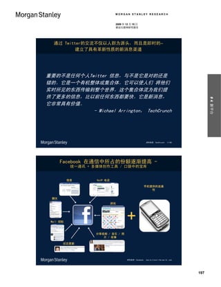 MORGAN STANLEY RESEARCH


                               2009 年 12 月 15 日
                               移动互联网研究报告




  通过 Twitter的交流不仅以人群为源头，而且是即时的–
          建立了具有革新性质的新消息渠道




重要的不是任何个人Twitter 信息，与不是它是对的还是
错的。它是一个有机整体或集合体。它可以使人们 将他们
实时所见的东西传输到整个世界。这个集合体流为我们提
供了更多的信息，比以前任何东西都要快。它是新消息，




                                                                                          # 4 新平台
它非常具有价值。
           - Michael Arrington， TechCrunch




                                                       资料来源：TechCrunch， 11/08。




       Facebook 在通信中所占的份额逐渐提高 -
            统一通讯 + 多媒体创作工具 / 口袋中的宝库


           信息       VoIP 电话

                                                     手机提供的连通
                                                        性


  聊天
                              游戏




 Wall 招贴                               +
                   分享视频 / 音乐 / 照
                      片 / 故事

       状态更新




                                      资料来源：Facebook， how-to-travel-the-world。com。




                                                                                    197
 