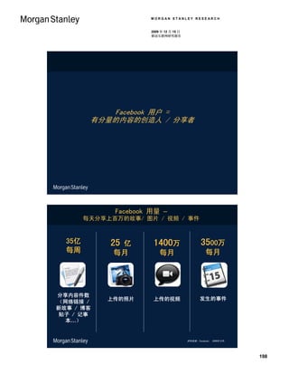 MORGAN STANLEY RESEARCH


                       2009 年 12 月 15 日
                       移动互联网研究报告




            Facebook 用户 =
         有分量的内容的创造人 / 分享者




              Facebook 用量 –
        每天分享上百万的故事/ 图片 / 视频 / 事件


  35亿        25亿        1400万                     3500万
  每周          每月           每月                        每月




分享内容件数
             上传的照片      上传的视频                    发生的事件
（网络链接 /
新故事 / 博客
贴子 / 记事
  本…）


                                          资料来源：Facebook， 2009年12月。




                                                                     198
 