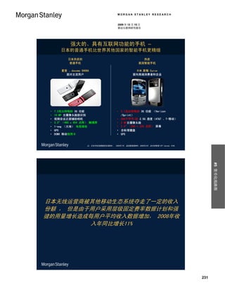 MORGAN STANLEY RESEARCH


                                            2009 年 12 月 15 日
                                            移动互联网研究报告




             强大的、具有互联网功能的手机 –
        日本的普通手机比世界其他国家的智能手机更精细
            日本热卖的                                             热卖
            普通手机                                            美国智能手机

        夏普 、docomo SH06A                                RIM 黑莓 Curve
          面对主流用户                                       面向高端消费者和企业




 •   7.2兆比特每秒 3G 功能                         • 3.1兆比特每秒 3G 功能 （Verizon
 •   10 MP 主摄像头脸部识别                           /Sprint）
 •   视频会议正面辅助相机                             • 384千字节/秒 2.5G 速度（AT&T 、T-移动）
 •   3.3” （480 x 854 点阵） 触摸屏                • 2 MP主摄像头脸
 •   1-seg （大地） 电视接收                        • 2.5” （240 x 320 点阵） 屏幕
 •   GPS                                    • 全标准键盘
 •   DCMX 移动信用卡                             • GPS


                      注：日本手机销售额排名据BCN ， 2009年7月, 美国数据据NPD，2009年2月。技术参数据 NTT docomo /RIM。




                                                                                                 #5 货币化线路图
日本无线运营商被其他移动生态系统夺走了一定的收入
份额 ， 但是由于用户采用层级固定费率数据计划和强
徤的用量增长造成每用户平均收入数据增加， 2008年收
         入年同比增长11%




                                                                                           231
 