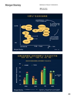 MORGAN STANLEY RESEARCH


                                                                                                     2009 年 12 月 15 日
                                                                                                     移动互联网研究报告




                                                                         付费与广告支持内容种类

                                                                                           经营者需要找到访问, 内容和
                                                                                           广告收入之间的最佳平衡

                                                                                                                              第一步就是辩别出哪些
                                                                                                                              服务用户会付费，哪些
大众市场                                                                     超级联赛                                                 用户不会付费…
                                                              访问                                 现存的线性电视节目

                                                                         信息接发                                    无线电
                                                                                         新闻       社交网络
                                                                                         天气
                                                                 音乐                                              网络电话
                                                                 下载
                                                                                                               实用程序
                                                                      游戏
                                                                                                                             …然后判定这些服务
                                                                                                                             是面对大众市场还是
                                                                            导航
                                                                                                                             限于区域性的目标市
                                                                                                                             场
                                                                 热门电影
分段



                                                        为其中某项付费                        不付费 – 广告支持                       “免费“ – 广告冲
                                                                                                                        减
                                                                                                                                          资料来源： OVUM。




                                                   花费在各种媒体上的时间耗费与广告支出的不平衡
                                                             互联网、移动（增长…） 与报纸、杂志、电视 （降低…）

                                                                     美国2009年花费在各种媒体上的时间耗费与广告支出百分比

                                                       50%
                                                                时间耗费
                                                              Time Spent            广告支出
                                                                                   Ad Spend
 % of Total Media Consumption Time
                         媒体消耗总时间或者广告支出百分比




                                                       40%
                             or Advertising Spending




                                                                                                               39%


                                                       30%
                                                                                                         31%
                                                                                                                              28%
                                                                     26%
                                                                                                                                              约300亿美元
                                                                                                                                               300亿美元
                                                       20%                                                                                       机会


                                                                                   16%
                                                       10%     12%                                                                  13%
                                                                                          9%


                                                       0%
                                                                 Print                Radio                 TV                 Internet
                                                                印刷品                    无线电                       电视             互联网


                                                               注：时间耗费数据据 NA Technographics （2009）, 广告支出时间据 VSS, 互联网广告机会假定在线广告支出份额与时间耗费份额
                                                                                                    相匹配，源于 Yahoo!。资料来源： Yahoo! Investor Day, 2009年10月。




                                                                                                                                                         258
 