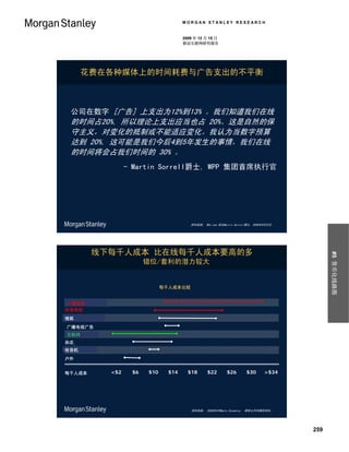 MORGAN STANLEY RESEARCH


                                         2009 年 12 月 15 日
                                         移动互联网研究报告




        花费在各种媒体上的时间耗费与广告支出的不平衡



  公司在数字 [广告] 上支出为12%到13% 。我们知道我们在线
  的时间占20%, 所以理论上支出应当也占 20%。这是自然的保
  守主义，对变化的抵制或不能适应变化。我认为当数字预算
  达到 20%, 这可能是我们今后4到5年发生的事情，我们在线
  的时间将会占我们时间的 30% 。
                     - Martin Sorrell爵士, WPP 集团首席执行官




                                            资料来源： WSJ.com 采访Martin Sorrell爵士, 2009年9月22日。




           线下每千人成本 比在线每千人成本要高的多




                                                                                                  #5 货币化线路图
                           错位/套利的潜力较大


                                 每千人成本比较


Broadcast TV
 广播电视
Cable TV
有线电视
Newspaper
报纸
Spot TV
广播电视广告
Internet
互联网
Magazine
杂志
Radio
收音机
Out-of-Home
户外


CPM
每千人成本          <$2    $6   $10     $14     $18      $22        $26        $30      >$34




                                            资料来源： 2008年6月Media Dynamics, 摩根士丹利媒体研究。




                                                                                            259
 