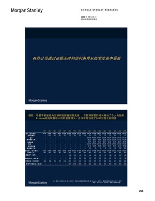 MORGAN STANLEY RESEARCH


                                                                                                            2009 年 12 月 15 日
                                                                                                            移动互联网研究报告




            有些公司通过占据天时和地利条件从技术变革中受益




     微软，尽管不能被视为互联网创新者或领先者， 互联网用量的增长推动了个人电脑和
        Windows相关销售收入的的显著增长，在16年里创造了2400亿美元的财富



                                1993      1994     1995     1996      1997      1998      1999      2000       2001      2002      2003      2004      2005      2006      2007      2008     2009E

收入（百万美元）
Revenue (($MM)                 $4,159    $5,358   $7,661   $9,891   $13,849   $17,524   $21,855   $23,776    $26,847   $30,785   $34,268   $38,474   $41,360   $46,060   $57,898   $61,981   $57,447
    年同比增长
   Y/Y Growth                       --     29%      43%      29%       40%       27%       25%        9%        13%       15%       11%       12%        8%       11%       26%        7%       -7%

        客户
   Client                           --       --       --       --        --        --        --        --         --   $10,058   $10,921   $11,851   $12,569   $12,391   $17,552   $16,738   $15,109
   服务器和工具
   Server and Tools                 --       --       --       --        --        --        --        --         --    $5,494    $6,534    $7,857    $8,868   $10,432   $11,992   $14,164   $14,206
   Online Services
   在线服务                             --       --       --       --        --        --        --        --         --    $1,737    $2,104    $2,344    $2,337    $2,304    $2,845    $2,810    $2,136
    企业
   Enterprise                       --       --       --       --        --        --        --        --         --   $10,297   $11,719   $13,160   $13,993   $14,453   $18,388   $19,838   $18,058

    娱乐和设备
   Entertainment and Devices        --       --       --       --        --        --        --        --         --    $3,166    $2,990    $3,262    $3,593    $6,457    $7,093    $8,305    $7,686

   服务器和工具
   Other                            --       --       --       --        --        --        --        --         --      $33        $0        $0        $0       $23       $28      $126      $252

营业收入（百万美元）
Operating Income ($MM)         $1,469    $1,925   $2,575   $3,567    $6,235    $8,705   $11,304   $11,505    $12,301   $11,643   $11,908   $15,715   $16,907   $16,466   $24,119   $23,448   $19,878
   毛利率（%）
  Margin (%)                     35%       36%      34%      36%       45%       50%       52%       48%        46%       38%       35%       41%       41%       36%       42%       38%       35%

活跃用户（百万）
Active Users (MM)                   --       --       --       --        --      328       382       443        504       562       625       695       772       859       955      1072      1160

Revenue per User ($/yr)
每用户收入（美元/年）                         --       --       --       --        --      $54       $57       $54        $53       $55       $55       $55       $54       $54       $61       $58       $50

市场资本（10亿美元）
Market Capitalization ($B)        $25      $30      $53      $72      $152      $268      $461      $423       $393      $293      $276      $310      $266      $234      $276      $252      $265

 每用户市场资本（1美元）
Market Cap per User ($)             --       --       --       --        --     $817     $1,205     $955       $779      $522      $442      $446      $344      $273      $290      $235      $229




                                                  注：微软于1986年成为一家上市公司。市场资本化数据为年终值（据 FactSet, 2009年，数据截至到2009年12月8日。资料
                                                                                    来源： Microsoft, FactSet, 摩根士丹利研究部。




                                                                                                                                                                                                       268
 