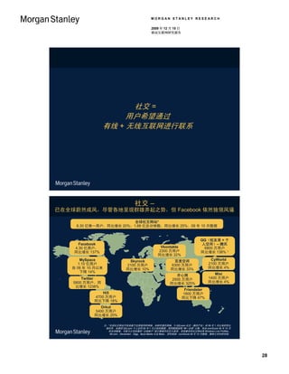 MORGAN STANLEY RESEARCH

                                                2009 年 12 月 15 日
                                                移动互联网研究报告




                        社交 =
                       用户希望通过
                  有线 + 无线互联网进行联系




                                      社交 –
已在全球蔚然成风，尽管各地呈现群雄并起之势，但 Facebook 依然独领风骚

                          全球社交网站*
     8.30 亿唯一用户，同比增长 20%；1.88 亿总分钟数，同比增长 25%，09 年 10 月数据


                                                                               QQ（校友录 + 个
      Facebook                                                                  人空间）– 腾讯
    4.30 亿用户，                                         Vkontakte                  6800 万用户
    同比增长 137%                                        2300 万用户                  同比增长 138% 1
                                                     同比增长 22%
      MySpace                     Skyrock                     百度空间                   CyWorld
     1.10 亿用户                    2100 万用户                    6300 万用户               2100 万用户
   自 08 年 10 月以来                 同比增长 10%                    同比增长 33%               同比增长 4%
      下降 14%
                                                               开心网                     Mixi
        Twitter                                              2500 万用户               1400 万用户
    5800 万用户，同                                              同比增长 325%               同比增长 4%
     比增长 1238%
                                                                     Friendster
                Hi5                                                 1800 万用户
            4700 万用户                                                同比下降 47%
            同比下降 18%
               Orkut
            5400 万用户
            同比增长 20%

                   注：*全球社交网站不包括基于应用程序的网络，如即时通讯网络。1) QQ.com 社交（腾讯产业）自 09 年 1 月以来的同比
                    增长率，未提供 QQ.com 个人空间 09 年 1 月之前的数据。使用数据按照 “唯一访客” 计算，来自 comScore 09 年 10 月
                     的全球数据，可能与公司批露的 “注册帐户” 统计数据存在巨大差异。其他著名的社交网站有 Windows Live Profiles、
                      56.com、Deviantart、Digg、Buzz Media 以及 Bebo。资料来源：comScore 09 年 10 月数据，摩根士丹利研究部。




                                                                                                      28
 