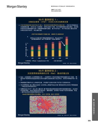 MORGAN STANLEY RESEARCH

                                                                 2009 年 12 月 15 日
                                                                 移动互联网研究报告




                                             Wi-Fi 案例研究 1 –
                               为集成运营商 （AT&T） 分流巨大的无线数据流量
 AT&T的网络实现1500万Wi-Fi 接入，较2009年的第2季度同比增长3倍。– 而AT&T网络的总
  无线数据流量 （宏观 3G / 2G网络） 却同比增长了4倍；Wi-Fi被看做是在诸如酒店、运动场
  和高效这些数据集群中的一项重要网络替代服务。据 AT&T估计，Wi-Fi的总接入数在2009
  年将会达到7400万，同比增长3倍。

                                  AT&T Wi-Fi网络用户月度接入数， 2009年1月-2009年6月
                           6
                                在iPhone 3.0 OS的 Wi-Fi 管理应用取得改进之后， iPhone的 Wi-Fi
                                  接入数在2009年6月（M/M）环比增长3倍，占总接入数的30%。
      月度 Wi-Fi 总接入数 （百万）




                           4




                           2




                           0
                                 1/09       2/09       3/09      4/09        5/09         6/09

                    所有其他           iPhone   LaptopConnect / 黑莓          会员/ 星巴克客户

                                                                                     资料来源： AT&T，摩根士丹利研究部。




                                             Wi-Fi 案例研究 2 –
                           为仅使用有线网络的公司（Iliad） 推动价值主张
 Iliad （法国的第二大宽带服务公司） – 在家用TV / DSL机顶盒中预先设置 Wi-Fi 功能， 将
  每位用户使用的机顶盒变身成为300万遍布法国潜在接入社区热点，共同分享网络中的一份
  子。
 网络覆盖巴黎90%以上的城市区域，并在整个法国分布有176万多个活跃的热点。
 充分保障隐私/ 接入需安全监控/ 公共和私人网络IP地址分离/ 管理良好的公告Wi-Fi网络速度
  （1Mbps至全带宽的25%）
 免费的社区 Wi-Fi + 诱人的三重定价  带来的是连续的有机宽带市场份额的增长 – 在2009
  年的第2季度，Iliad已掌握法国分类定价（解除管制）宽带用户市场51%的市场份额，而这
  一数字在2006年的第2季度是为41%。
   Iliad在巴黎的免费Wi-Fi热点覆盖 （红点 = 信号强；蓝点 = 信号弱）
                                                                                                                          #6 海量移动数据增长




                                                                           资料来源： Iliad， freebox-wifi.fr，摩根士丹利研究部。




                                                                                                                    303
 
