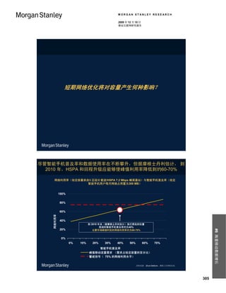 MORGAN STANLEY RESEARCH

                                            2009 年 12 月 15 日
                                            移动互联网研究报告




               短期网络优化将对容量产生何种影响？




尽管智能手机普及率和数据使用率在不断攀升，但据摩根士丹利估计， 到
  2010 年，HSPA 和回程升级应能够使峰值利用率降低到约60-70%

     网络利用率（给定容量来自3 区段/2 载波/HSPA 7.2 Mbps 蜂窝基站）与智能手机普及率（给定
                 智能手机用户每月网络占用量为300 MB）


            100%


            80%


            60%
    网络利用率




            40%
                              到 2010 年末（据摩根士丹利估计）我们将处的位置
                                      美国的智能手机普及率约为40%
            20%
                                                                                              #6 海量移动数据增长



                                 主要市场峰值时段的网络利用率约为60-70%


             0%
                   0%   10%     20%   30%   40%    50%         60%   70%
                                  智能手机普及率
                              峰值移动流量需求 （需求占给定容量的百分比）
                              警戒信号（ 75% 的网络利用水平）


                                                         资料来源： Ehud Gelblum，摩根士丹利研究部。




                                                                                        305
 