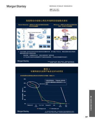 MORGAN STANLEY RESEARCH

                                                                     2009 年 12 月 15 日
                                                                     移动互联网研究报告




                         高级移动分组核心网关市场将呈现指数式增长
Starent Networks – 被思科以5.5倍企业价值的资金收购 /                                       WiChorus – 被泰乐以6.5倍企业价值的资金
                  2010年收益翻倍                                                         收购 / 2010E*年收益翻倍




 引动分组核心技术在3G和4G市场中具有举足轻重的作用，并可通过下列方式，帮助运营商对通过网络的
  数据流量实现更大程度的控制：
                      服务质量、流量整理和区分、深度分组检测和广域网加速。
                      对于自动每日新闻和视频摘要等不可避免的推送服务，可安排在网络缓和时段进行。


                                                                * WiChorus的收益为出货量，根据会计准则规定，其需随时间的改变确认收益。
                                                                      资料来源： Starent， WiChorus， Ehud Gelblum，摩根士丹利研究部。




                                                        喜讯 =
                                   专属网络优化能够节省多达50%的带宽

  多家英国移动运营商通过移动优化实现网页文件缩减（缩减比%）

                       60%
                                                            与固定带宽相比，T-Mobile UK和O2
                                                            UK使用专属网络优化降低网页大小达
                       50%
                                                            50%

                       40%
       网页文件缩减 （缩减比%）




                       30%


                       20%
                                                                                                                                     #6 海量移动数据增长




                       10%


                       0%
                             T-Mobile UK    O2   沃达丰 UK     Orange UK       3UK           O2          固定
                                           已优化                                           未优化          带宽

                                                 Orange.co.uk           Informatm.com

                                                           注：O2已优化为标准的 O2网络， O2未优化是仅出于测试目的设置的特别 访问账户。
                                                          资料来源：Informa Telecoms & Media，UK Mobile Broadband Measurements白皮书。




                                                                                                                               307
 