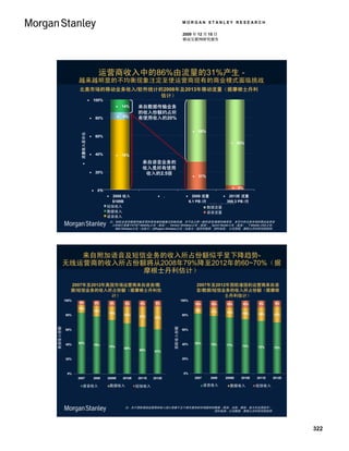 MORGAN STANLEY RESEARCH

                                                                                                                              2009 年 12 月 15 日
                                                                                                                              移动互联网研究报告




                                                     运营商收入中的86%由流量的31%产生 -
                           越来越明显的不均衡现象注定至使运营商现有的商业模式面临挑战
                           北美市场的移动业务收入/软件统计的2008年及2013年移动流量（据摩根士丹利
                                            估计）
                                              100%
                                                                      14%     来自数据传输业务
                                                                               的收入份额约占所
                                                  80%                8%      有使用收入的20%

                                                                                                                                          69%
                             流量收入百分比




                                                  60%
                                                                                                                                                                     95%

                                                  40%                78%
                                                                                 来自语音业务的
                            




                                                                                 收入是所有使用
                                                  20%                            收入的2.5倍
                                                                                                                                          31%


                                                                                                                                                                     5%
                                                   0%
                                                           2008 收入                           .                                     2008 流量          2013E 流量
                                                           $189B                                                                    6.1 PB /月 Voice Revenue PB /月
                                                                                                                                                        388.3
                                                         短信收入
                                                         SMS Revenue                                                                              数据流量
                                                                                                                                                  Data Traffic
                                                         数据收入
                                                         Data Revenue                                                                             语音流量
                                                                                                                                                  Voice Traffic
                                                         Voice Revenue
                                                         语音收入
                                                             注：SMS业务的数据传输采用的是单独的蜂巢式控制信道，并不会占用一般的语音/数据传输带宽。本页中的北美市场的移动业务收
                                                              入的统计是基于AT&T Mobility公司（美国）、Verizon Wireless公司（美国）、Sprint Nextel公司（美国）、T-Mobile USA公司、
                                                               Bell Wireless公司（加拿大）及Rogers Wireless公司（加拿大）提供的数据。资料来源： 公司简报，摩根士丹利研究部预测。




                  来自附加语音及短信业务的收入所占份额似乎呈下降趋势-
               无线运营商的收入所占份额将从2008年79%降至2012年的60~70%（据
                           摩根士丹利估计）
                       2007年至2012年美国市场运营商来自语音/数                                                                                          2007年至2012年西欧诸国的运营商来自语
                       据/短信业务的收入所占份额（据摩根士丹利估                                                                                             音/数据/短信业务的收入所占份额（据摩根
                                   计）                                                                                                              士丹利估计）
                    100%                                                                                                     100%
                           6%                      8%        8%         8%      8%      8%                                               10%        10%      10%        10%     9%      9%
                           10%
                                                   14%                                                                                   8%         11%
                                                             18%                                                                                             13%        16%
                    80%                                                 23%                                                  80%                                                18%     21%
                                                                               27%     31%
                                                                                                   W. Europe Revenue Share
USA Revenue Share




                                                                                                        西欧收入份额
  美国收入份额




                    60%                                                                                                      60%



                    40%    84%                                                                                               40%         82%        79%
                                                   79%                                                                                                       77%        74%
                                                             74%                                                                                                                72%     70%
                                                                        69%
                                                                               65%     61%

                    20%                                                                                                      20%



                     0%                                                                                                       0%
                           2007                2008      2009E         2010E   2011E   2012E                                             2007       2008    2009E      2010E   2011E   2012E

                              Voice Revenue 数据收入
                              语音收入          Data Revenue 短信收入
                                                         SMS Revenue                                                                            语音收入
                                                                                                                                                Voice Revenue 数据收入
                                                                                                                                                              Data Revenue     短信收入
                                                                                                                                                                               SMS Revenue




                                                                        注：关于西欧诸国运营商的收入统计是基于五个具代表性的市场提供的数据（英国、法国、德国、意大利及西班牙）。
                                                                                                       资料来源：公司数据，摩根士丹利研究部预测。




                                                                                                                                                                                               322
 