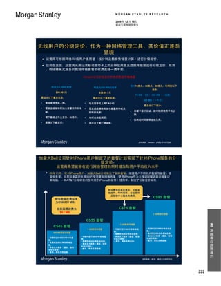 MORGAN STANLEY RESEARCH

                                                       2009 年 12 月 15 日
                                                       移动互联网研究报告




无线用户的分级定价：作为一种网络管理工具，其价值正逐渐
            显现
     运营商可根据网络和/或用户使用量（按分钟及数据传输量计算）进行分级定价；
     目前在美国，运营商采用记录移动宽带卡上的分钟使用量及数据传输量进行分级定价。然而
      ，传统蜂巢式服务的数据传输套餐的收费是统一费率的。

                             Verizon公司分级定价的宽带数据传输套餐


          网速为5 GB的套餐                                             预付15美元、30美元、50美元，可得到以下
                                     网速为250 MB的套餐
                                                                                服务：
             $59.99 /月                   $39.99 / 月
                                                                      75 MB（1天） 250 MB（一星期）
最适合以下重度玩家：                           最适合以下重度玩家：
                                                                          500 MB（一个月）
•   需经常用手机上网；                 •    每月用手机上网7-8小时；
                                                                           最适合以下用户：
•   需发送或接收附加大容量附件的电           •    需发送或接收附加小容量附件或无
    邮；                                                          •   希望不签订协议，就可随便使用手机上
                                   附件的电邮；
                                                                    网；
•   需下载或上传大文件，如照片；            •    有时会浏览网页；
                                                                •   仅供短时间宽带连接只用；
•   需偶尔下载音乐；                  •    偶尔会下载一俩首歌；




                                                                       资料来源： Verizon，摩根士丹利研究部。




加拿大Bell公司针对iPhone用户制定了的套餐计划实现了针对iPhone服务的分
                    级定价-
              运营商希望能够在进行网络管理的同时增加每用户平均收入水平
     •   09年11月，针对iPhone用户，加拿大Bell公司推出了多种套餐。根据用户不同的月数据传输量、语
         音业务量、玩星际争霸的无限Wi-Fi使用量及网络共享（使用iPhone作为无线调制解调器连接笔记
         本电脑，一种AT&T公司研发的仅可用于iPhone的软件）使用率，制定了分级定价标准。


                                                附加费包括来电显示、可视音
                                                频邮件、呼叫等待、会议等待
                                                 及短信中心服务的费用。
            附加数据收费标准
                                                                                 C$95 套餐
            为C$0.03 / MB。

              在美国漫游费为                                    C$75 套餐
               $6 / MB。                                                         2 GB数据存储器


                                  C$55 套餐
                                                                                                       #6 海量移动数据增长



                                                          2 GB数据存储器
            C$45 套餐
                                  1 GB数据存储器           • 可随时进行400分钟本地连       • 可随时进行500分钟本地连
                                                      接；                    接；
            500 MB数据存储器                                                     • 免费附送50分钟本地连接；
                                                      • 免费附送50分钟本地连接；
                            • 可随时进行300分钟本地连           • 本地五大服务（通话、短信        • 本地五大服务（通话、短信
         • 可随时进行100分钟本地连                                                    长短无限制）
                            接；                        长短无限制）；
         接；                                                                 • 夜间、周末无限连接；
                            • 免费附送50分钟本地连接；           • 夜间、周末无限连接；
         • 免费附送50分钟的本地连
                            • 本地五大服务（通话、短信
         接；
                            长短无限制）
         • 本地五大服务（通话、短信
                            • 夜间、周末无限连接；
         长短无限制）
         • 夜间、周末无限连接；


                                                                          资料来源： BCE，摩根士丹利研究部。




                                                                                                 333
 