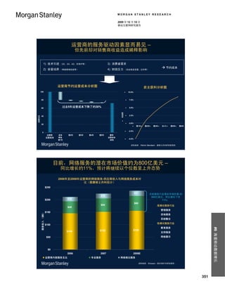 MORGAN STANLEY RESEARCH

                                                                   2009 年 12 月 15 日
                                                                   移动互联网研究报告




                                     运营商的服务驱动因素显而易见 –
                                         但先前却对销售商收益造成稀释影响

              1) 技术引进 （2G、3G、4G、所有IP等）                      3) 消费者需求
                                                                                                                   节约成本
              2) 容量培养 （网络管理技能等）                             4) 财政压力 （自由现金流量、红利等）




                            运营商节约运营成本分析图                                                            卖主获利分析图
       100                                                                        10.0%



       80                                                                          7.5%



       60
                              过去5年运营成本下降了约30%                                      5.0%




                                                                     利润率
                                                                                   2.5%
运营支出




       40


                                                                                  0.0%
       20
                                                                                            第1年   第2年   第3年   第4年    第5年   第6年

                                                                                  -2.5%
           0
                     运营商    成本     第2年   第3年   第4年   第5年     最终
                    运营成本    降低                              运营成本
                                                                                  -5.0%
                            第1年                              结构

                                                                                     资料来源： Patrick Standaert，摩根士丹利研究部预测。




                           目前，网络服务的潜在市场价值约为800亿美元 –
                             同比增长约11%，预计将继续以个位数呈上升态势

                            2006年至2008年运营商的网络服务-供应商收入与网络服务成本对
                                        比（据摩根士丹利估计）
                    $250

                                                                                           $21         目前服务行业潜在市场价值-约
                                                     $19                                                800亿美元，同比增长了约
                    $200          $18                                                                         11%；
                                                                                           $60
                                                     $54                                                     高增长服务行业
                                  $48
                                                                                                                  管理服务
                    $150
        服务收入 （$B）




                                                                                                                  咨询服务
                                                                                                                  系统整合
                                                                                                             低增长服务行业
                    $100
                                                                                                                  教育服务
                                                                                                                                             #6 海量移动数据增长



                                                     $152                                  $156
                                  $146                                                                            支持服务
                     $50                                                                                          网络展示




                      $0
                                  2006               2007                                  2008E
                    运营商内部服务支出                   专业服务                网络推出服务

                                                                                              资料来源： Ericsson，E&Y2007年研究报告。




                                                                                                                                       351
 