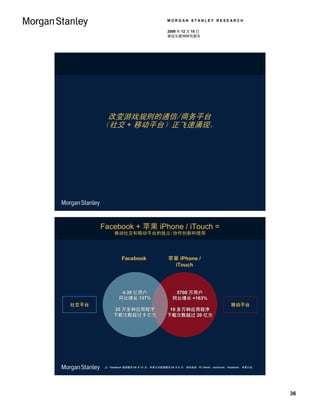 MORGAN STANLEY RESEARCH

                                          2009 年 12 月 15 日
                                          移动互联网研究报告




        改变游戏规则的通信/商务平台
       （社交 + 移动平台）正飞速涌现。




       Facebook + 苹果 iPhone / iTouch =
             推动社交和移动平台的独立/协作创新和使用




                 Facebook                 苹果 iPhone /
                                           iTouch




                4.30 亿用户                     5700 万用户
               同比增长 137%                    同比增长 +163%
社交平台                                                                        移动平台
            35 万多种应用程序                    10 多万种应用程序
            下载次数超过 5 亿次                  下载次数超过 20 亿次




        注：Facebook 数据截至 09 年 10 月，苹果公司数据截至 09 年 9 月。资料来源：PC World、comScore、Facebook、苹果公司。




                                                                                            36
 