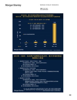 MORGAN STANLEY RESEARCH


                                                             2009 年 12 月 15 日
                                                             移动互联网研究报告




       在拐点处，新兴市场的长期机会呈现出不同的数量级—
 到2012年，新兴市场的3G用户数将约等于发达国家市场3G用户总数的6倍

                                       3G 拐点年（约20-25% 普及率）的 3G 用户数量
                    1,200
                                                                                      1,090
                                      到 2012 年（估测）的新兴市场 3G 用户 =
                    1,000               约 61 倍于日本的3G用户 (2004)
                                        约 17 倍于美国的3G用户 (2008)
  3G 用户（百万） (MM)




                     800                约 12 倍于西欧的3G用户 (2008)
   3G Subscribers




                     600

                            20-25% 拐点时的3G用户数 Inflection Point
                            3G Subscribers at 20-25%
                     400


                     200
                                                  63                 91
                                18
                       0
                              日本
                              Japan          North北美
                                                  America           西欧
                                                               Western Europe       新兴市场
                                                                                Emerging Markets

                拐点年            2004              2008               2008           2012（估测）



                                                        注：3G 拐点约等于 20-25% 用户普及率。资料来源：ITU，摩根士丹利研究部估计.




2012年（估测）当3G用户规模到达拐点时，新兴市场的移动
             数据收入假设
                     基准情况下的ARPU（每用户平均收入）假设
                        每月数据ARPU为2.00美元（相当于总ARPU*的20%）
                        新兴市场3G用户数量为11亿
                        每月移动数据收入将为22亿美元
                     增值服务向好情况下的ARPU假设
                        每月数据ARPU为2.50美元（相当于总ARPU的25%）
                           基准情况下ARPU2.00美元+手机报/手机电视…等增值服务带来的增量
                            ARPU计0.50美元
                        新兴市场3G用户数量为11亿
                        每月移动数据收入将为27亿美元
                     看涨情况下ARPU假设
                        每月数据ARPU为3.00美元（相当于总ARPU的30%）
                           增值服务向好情况下的ARPU2.50美元+笔记本移动宽带取代台式机拨
                            号连接/ 宽带使用带来的增量ARPU计0.50美元
                        新兴市场3G用户数量为11亿
                        每月移动数据收入将为32亿美元

                            备注：2012年（估测）总ARPU预计为10美元，该数字以当前新兴市场的 ARPU（约10美元）为基础，按照当前大型运营商的平均数据收
                             入占比20%进行估算 (中国移动2009年上半年的月均ARPU为10.50美元左右，数据收入占比约23%，与此相比，上述为保守/符合实际的
                            假设)。增值服务的增量ARPU计为0.50美元，这是我们根据运营商未来四年内能从手机市场/移动电视/其他新服务中赚取的增量收入为
                                                                    基础进行测算得来的数据。资料来源: ITU, 摩根士丹利研究部.




                                                                                                       362
 