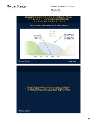 MORGAN STANLEY RESEARCH

                   2009 年 12 月 15 日
                   移动互联网研究报告




网络容量改进能够与现有的资本支出预算相适，因为在
  2.5G 和 3G 推广/利用现有基础设施发展更高效
      （降低 ASP）技术方面的支出已经到位
  欧洲国家/地区无线资本支出的典型阶段划分，相关资料来自法国电信




                                      初步部署频段为
     只有同 2G                           2.1 GHz，并通
     有关的维护                            过 UMTS-900
      资本支出                            扩展了覆盖范围




                                         资料来源：法国电信。




关于通信设备公司如何引导快速的数据增长、
 快速的技术创新和不断降低的 ASP 的思考




                                                      46
 