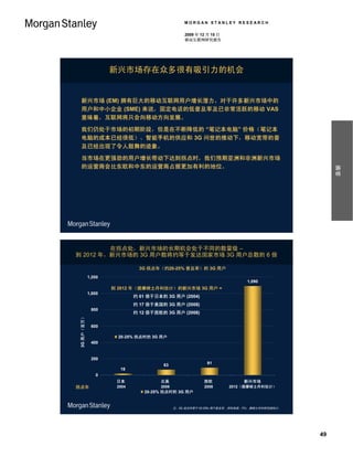 MORGAN STANLEY RESEARCH

                                                 2009 年 12 月 15 日
                                                 移动互联网研究报告




                     新兴市场存在众多很有吸引力的机会


  新兴市场 (EM) 拥有巨大的移动互联网用户增长潜力。对于许多新兴市场中的
  用户和中小企业 (SME) 来说，固定电话的低普及率及已非常活跃的移动 VAS
  意味着，互联网将只会向移动方向发展。

  我们仍处于市场的初期阶段，但是在不断降低的 “笔记本电脑” 价格（笔记本
  电脑的成本已经很低）、智能手机的供应和 3G 问世的推动下，移动宽带的普
  及已经出现了令人鼓舞的迹象。

  当市场在更强劲的用户增长带动下达到拐点时，我们预期亚洲和非洲新兴市场
  的运营商会比东欧和中东的运营商占据更加有利的地位。




                                                                                                 摘要
         在拐点处，新兴市场的长期机会处于不同的数量级 –
到 2012 年，新兴市场的 3G 用户数将约等于发达国家市场 3G 用户总数的 6 倍

                               3G 拐点年（约20-25% 普及率）的 3G 用户
             1,200
                                                                           1,090
                     到 2012 年（据摩根士丹利估计）的新兴市场 3G 用户 =
             1,000
                             约 61 倍于日本的 3G 用户 (2004)
                             约 17 倍于美国的 3G 用户 (2008)
              800
                             约 12 倍于西欧的 3G 用户 (2008)
 3G 用户（百万）




              600

                       20-25% 拐点时的 3G 用户
              400


              200
                                       63                  91
                       18
                0
                      日本              北美                 西欧              新兴市场
拐点年                   2004            2008               2008       2012（据摩根士丹利估计）
                                20-25% 拐点时的 3G 用户


                                             注：3G 拐点约等于 20-25% 用户普及率。资料来源：ITU，摩根士丹利研究部估计。




                                                                                            49
 