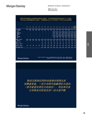 MORGAN STANLEY RESEARCH

                                                                                2009 年 12 月 15 日
                                                                                移动互联网研究报告




        微软尽管未被视为互联网的创新者/领导者，但互联网使用的增长推动了个人电脑/
        Windows 相关销售的巨大增长，并使微软在过去 16 年创造了 2400 亿美元的财富



                                                                                                                                                           2009
                1993     1994     1995     1996      1997    1998     1999    2000    2001     2002     2003     2004     2005     2006     2007     2008 （据摩根士
                                                                                                                                                          丹利估计）

收入（百万美元）       $4,159   $5,358   $7,661   $9,891 $13,849 $17,524 $21,855 $23,776 $26,847 $30,785 $34,268 $38,474 $41,360 $46,060 $57,898 $61,981 $57,447
 同比增长率             --    29%      43%      29%     40%     27%     25%      9%     13%     15%     11%     12%      8%     11%     26%       7%     -7%

 客户端               --       --       --       --        --      --       --      --      --   $10,058 $10,921 $11,851 $12,569 $12,391 $17,552 $16,738 $15,109
 服务器和工具            --       --       --       --        --      --       --      --      --   $5,494   $6,534   $7,857   $8,868 $10,432 $11,992 $14,164 $14,206
 在线服务              --       --       --       --        --      --       --      --      --   $1,737   $2,104   $2,344   $2,337   $2,304   $2,845   $2,810   $2,136
 企业                --       --       --       --        --      --       --      --      --   $10,297 $11,719 $13,160 $13,993 $14,453 $18,388 $19,838 $18,058
 娱乐和设备             --       --       --       --        --      --       --      --      --   $3,166   $2,990   $3,262   $3,593   $6,457   $7,093   $8,305   $7,686
 其他                --       --       --       --        --      --       --      --      --      $33      $0       $0       $0      $23      $28     $126     $252

经营收入（百万美元）     $1,469   $1,925   $2,575   $3,567    $6,235   $8,705 $11,304 $11,505 $12,301 $11,643 $11,908 $15,715 $16,907 $16,466 $24,119 $23,448 $19,878
  利润率 (%)       35%      36%      34%      36%       45%      50%     52%     48%     46%     38%     35%     41%     41%     36%     42%     38%     35%

活跃用户（百万）           --       --       --       --        --     328     382     443     504       562     625      695      772      859      955     1072     1160




                                                                                                                                                                           摘要
每用户收入（美元/年）        --       --       --       --        --     $54     $57     $54     $53       $55     $55      $55      $54      $54      $61      $58      $50

市场价值（10 亿美元）     $25      $30      $53      $72      $152     $268    $461    $423    $393      $293    $276     $310     $266     $234     $276     $252     $265

每用户市场价值（美元）        --       --       --       --        --    $817   $1,205   $955    $779      $522    $442     $446     $344     $273     $290     $235     $229




                                                   注：微软于 1986 年成为上市公司。市场价值数据为年底值，来自 FactSet，2009 年（据摩根士丹利估计）
                                                                   数据截至 09 年 12 月 8 日。资料来源：微软，FactSet，摩根士丹利研究部。




                移动互联网应用的快速增长将使众多
               消费者受益，一些公司将可能赢得巨大成功
               （很可能是非常巨大的成功），而还有许多
                 公司将会对所发生的一切大惑不解




                                                                                                                                                                      59
 