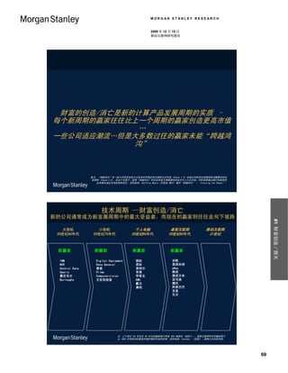 MORGAN STANLEY RESEARCH


                                                2009 年 12 月 15 日
                                                移动互联网研究报告




 财富的创造/消亡是新的计算产品发展周期的实质 –
每个新周期的赢家往往比上一个周期的赢家创造更高市值
             …
一些公司适应潮流…但是大多数过往的赢家未能“跨越鸿
            沟”



                备注：“跨越鸿沟”至一家公司是否有能力从技术的早期应用过渡到主流市场 (Chasm 1.0) 或者从旧有的业务模型转向颠覆性的业
                务模型 (Chasm 2.0)。在这个主题下，能够“跨越鸿沟”的企业有能力将颠覆性的技术引入大众市场，同时能够通过推行创新型的
                  业务模式适应市场结构的变化。资料来源：Geoffrey Moore（杰弗里.摩尔）著作“跨越鸿沟”（ “Crossing the Chasm”）




                      技术周期 —财富创造/消亡
新的公司通常成为新发展周期中的最大受益者，而现在的赢家则往往走向下坡路




                                                                                                  #1 财富创造／毁灭
   大型机             小型机                   个人电脑              桌面互联网              移动互联网
 20世纪60年代        20世纪70年代              20世纪80年代           20世纪90年代             21世纪



 新赢家              新赢家                  新赢家                 新赢家

 IBM               Digital Equipment    微软                  谷歌
 NCR               Data General         思科                  美国在线
 Control Data      惠普                   英特尔                 eBay
 Sperry            Prime                苹果                  雅虎
 霍尼韦尔              Computervision       甲骨文                 雅虎日本
 Burroughs         王安实验室                EMC                 亚马逊
                                        戴尔                  腾讯
                                        康柏                  阿里巴巴
                                                            百度
                                                            乐天




                                注：上个世纪 50 年代至 80 年代的赢家基于财富 500 强排名（按收入），桌面互联网时代的赢家基于
                                从 1995 年到各自的最高市值时期所创造的财富。资料来源：FactSet、《财富》、摩根士丹利研究部。




                                                                                             69
 