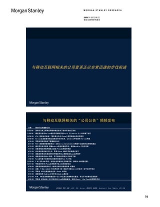 MORGAN STANLEY RESEARCH


                                                           2009 年 12 月 15 日
                                                           移动互联网研究报告




     与移动互联网相关的公司变革正以非常迅速的步伐前进




                 与移动互联网相关的“公司公告”频频发布
 日期        移动行业的重要公告
12/02/09   英特尔为其上网本应用程序商店发布了软件开发者工具包
11/06/09   摩托罗拉发布Verizon版的手机摩托罗拉Droid，在 Android 2.0 OS环境下运行
10/06/09   AT&（美国电话电报）T宣布将允许在iPhone上使用网络电话应用程序
10/06/09   Verizon及谷歌宣布建立战略合作伙伴关系，让Android手机使用 Verizon网络
 9/28/09   苹果应用程序商店下载量超过20亿
 9/21/09   FCC（美国联邦通信委员会）主席Julius Genachowski为网络中立规则列出纲领性提议
 9/10/09   摩托罗拉发布首款 搭载Android系统的智能手机，拥有MotoBlur个性化定制
 7/27/09   谷歌音频应用程序被阻止进驻iPhone应用程序商店
 6/22/09   在全球首发的前3天之内，苹果iPhone 3G制式手机销售过百万
 2/17/09   诺基亚即将在其高端的N系列智能手机上捆绑安装Skype应用程序
 2/16/09   诺基亚宣布启动Ovi商店，用于移动应用程序/内容的下载
 1/08/09   Palm发布基于全新的WebOS操作系统的Palm Pre手机
12/05/08   3 UK 发布INQ1手机，这是全世界首款社交网络手机，拥有50,000预登记量。
10/01/08   苹果放弃针对iPhone应用程序开发人员的保密协定
 9/30/08   诺基亚将收购领先的个人邮件及即时消息提供商 OZ通信
 9/24/08   谷歌、T-Mobile以及 HTC共同发布 第一款基于谷歌Android开放式一定平台的手机G1
 7/11/08   苹果及 AT&T在美国联合发布 iPhone 3G手机
 6/24/08   诺基亚收购 Symbian公司并创立Symbian基金会
 5/12/08   RIM、 RBC及汤姆森路透启动一支1.50亿美元的黑莓合伙基金，专注于开发移动应用程序。
 5/08/08   苹果及 KPCB启动一支1亿美元的iFund风投基金池，支持iPhone / iPod Touch应用程序开发




                            资料来源：苹果、谷歌 、AT&T、 FCC,、Verizon,、摩托罗拉、诺基亚、 Hutchison 3、 Palm、T-Mobile、 HTC、RIM.




                                                                                                             76
 