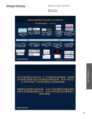 MORGAN STANLEY RESEARCH


                                                       2009 年 12 月 15 日
                                                       移动互联网研究报告




                       与移动互联网相关的快速的公司并购步伐
                                  移动互联网并购时间轴 – 过去4个月中




                    9/24 CA （IT管理软件+服务） 10/20 Loopt （移动/ 基于     10/22电信设备制造商 11/23 Ciena（网络软件+服
                    收购Net QoS（网络性能管理      位置的社交网络）收购            Tellabs收购移动互联 务）成功竞拍到Nortel’s
    9/1 私募财团收购Skype 软件+服务），收购价2亿美 GraffitiGeo （移动社交网               网设备制造商     都市以太网网络业务（光纤
     （网络电话），收购价                                                  WiChorus，收购价 +运营商以太网），竞拍价
                               元         络+游戏），收购价不详
         27.5亿美元                                                    1.65亿美元         7.69亿美元




                       九月                                                 十月

8/10 Vmware（虚拟化）收       9/15 诺基亚的NAVTEQ （移   10/13 思科（网络设备及 10/21 Equinix（数据中   11/9 谷歌（在线搜索+广
购SpringSource （为Java    动地图及广告）收购Acuity      服务）收购Starent（移 心服务）收购Switch &       告/移动操作系统）收购
开发人员设计的云计算平              Mobile （基于位置的移动     动基础设施），收购价29 Data（数据中心及互联          AdMob（移动广告市场），
台），收购价4.20亿美元              广告），收购价不详                亿美元     网交流服务），收购价             收购价7.50亿美元
                                                                 6.89亿美元




                                                                   资料来源：公司报告、雅虎财经、摩根士丹利研究部




                                                                                                       #1 财富创造／毁灭
   虽然许多电信公司在过去 15 年内都有出色的表现，但随着
   全球桌面互联网+语音/短信移动市场的发展，技术公司在过
     去15年中创造了比电信和媒体公司更多的财富。 –


   随着移动互联网市场的发展，以及大部分增量利润涌向推动
   创新和实现规模发展的公司，技术公司可能会再次攫取庞大
             的相对收益。




                                                                                                  77
 