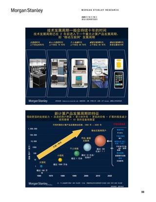MORGAN STANLEY RESEARCH


                                                                                  2009 年 12 月 15 日
                                                                                  移动互联网研究报告




                                              技术发展周期一般会持续十年的时间
                               技术发展周期已在 2 年前进入下一个重大计算产品发展周期，
                                       即 “移动互联网” 发展周期
                        大型机时代                     Mini小型机时代           个人电脑时代               桌面互联网时代            移动互联网时代
                        上个世纪60年代                  上个世纪 70 年代          上个世纪 80 年代           上个世纪 90 年代         本世纪最初10年




                                                        资料来源：Computersciencelab.com、维基百科、IBM、苹果公司、谷歌、NTT docomo、摩根士丹利研究部。




                                                       新计算产品发展周期的特征
借助更强的处理能力 + 改进的用户界面 + 更小的外形 + 更低的价格 + 扩展的服务减少
              使用摩擦 = 10 倍的设备销售量
                                                    不同时期的计算产品发展推动因素，1960 年 – 2020 年                                不仅仅是电话

1,000,000                                                                                                            智能手机
                                                                                            移动互联网用户
                                                                                            Mobile Consumer
                                                                                                                      Kindle
                     100,000
                                                                                                                     平板计算机
Devices 设备/用户（百万） Scale)




                                                                                 手机/桌面
                                                                                 Cellphone /                          MP3
                             10,000                                                互联网
                                                                               Desktop Internet                    蜂窝电话/掌上
        / Users (MM in Log




                                                            化                                                      电脑 （PDA）
                                                           体
                                                       一
                                                      益                                                              汽车电子产品
                              1000                   日                                                        GPS、    ABS、音频/
                                                                      个人电脑
                                                                        PC                         超过 100
                                                                                                                     视频
                                                                                                  亿台？？？
                               100                                                                                   移动视频
                                                          小型机
                                                       Minicomputer           超过 10 亿台/                              家庭娱乐设施
                                                                       超过 1 亿台 位用户                                     游戏
                                10
                                                                                                                     无线家电
                                       大型机
                                      Mainframe
                                                     超过 1000 万台
                                 1

                                     超过 100 万
                                         台
                                     1960     1970           1980       1990        2000          2010      2020


                                                         注：个人电脑用户群在 1993 年达到 1 亿台，而蜂窝电话和互联网用户分别在 2002 年和 2005 年达到
                                              10 亿人；
                                                                                                              资料来源：国际电信


                                                                                                                                88
 
