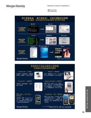 MORGAN STANLEY RESEARCH


                                                2009 年 12 月 15 日
                                                移动互联网研究报告




        用户界面革命 （基于新技术） 可能引燃新技术周期
            具有多点触控 +动态感应的苹果领导移动”自然用户界面”

                      MS-DOS                     Mac OS                Windows 3.x

 个人桌面电脑
  文本图形
（大约1984年）


                          Telnet              美国在线                       Netscape


  桌面互联网
    文本图形
（大约1995年）


                       Symbian     Windows Mobile                      iPhone


   移动互联网
    文本图形
（大约2007年）


                                                                 资料来源：公司报告, 摩根士丹利研究部.




                      更新换代产品起动新的计算周期
                             处理器的无线连接特别易用
   Nintendo DS – 1.13亿台                          Netbooks – 3900万台
凸形条纹，可在线游戏 + 内置网络                         低价 + 高移动性 + Wi-Fi / 3G 访问先
浏览器 + 触摸屏 – 04年12月发布                      锋 ‘云计算’使用模式– 07年10月发布




  Nintendo Wii – 5600万台                     Amazon.com Kindle – 100万以上

凸形条纹、移动传感器 + 可游戏 –                        免费 EV-DO + 360K titles + 新闻 /
06年11月发布                                  杂志 / 博客订阅. 亚马逊像苹果经营音
                                          乐一样经营图书. Kindle 约占AMZN
                                          titles 销售额的35%– 2007 年11月发
                                          布
                                                                                                   #2 移动互联网用户增长迅猛




苹果 iPhone / iPod Touch –                   3 SkypePhone / INQ – 100万以上
5700万台                                    影响 5.21亿 Skype / Facebook 用户群
凸形条纹，易用 + functionality                   （同比增长率大于41%） / 430MM （同
+ Wi-Fi； 100K+ 应用程序, 20亿                  比增长率大于137%） + 低成本可上网
以上 应用程序下载 07年6月发布                         网络电话, 社交, 数码显示电话 –07年
（08年7月在苹果商店发布。）                           10月发布


                                       注：iPhone 出售台数包括08年三季约200万库存； 根据Katy Huberty估计上网本出货量.
                                                    资料来源：Nintendo, 索尼, 亚马逊, 苹果 3, 摩根士丹利研究部.




                                                                                              89
 