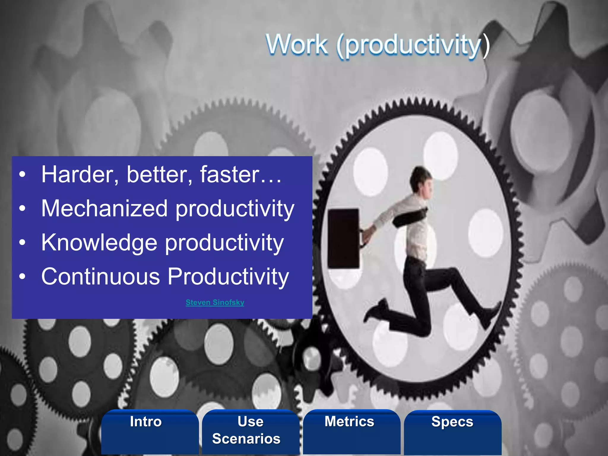 ©2013 LHST sarl
)
• Harder, better, faster…
• Mechanized productivity
• Knowledge productivity
• Continuous Productivity
Steven Sinofsky
Intro Metrics SpecsUse
Scenarios
 