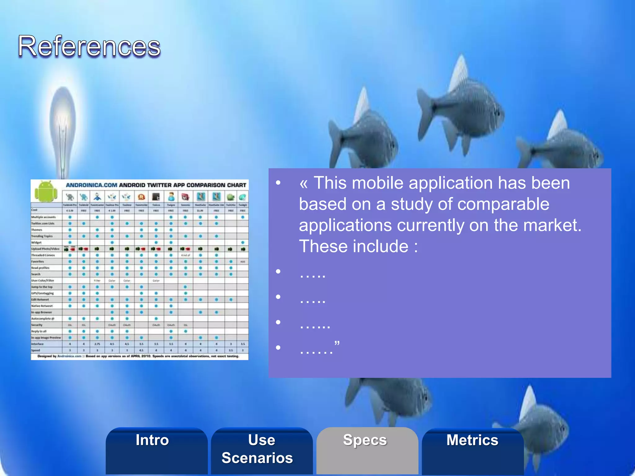 ©2013 LHST sarl
• « This mobile application has been
based on a study of comparable
applications currently on the market.
These include :
• …..
• …..
• …...
• ……”
Intro Specs MetricsUse
Scenarios
 